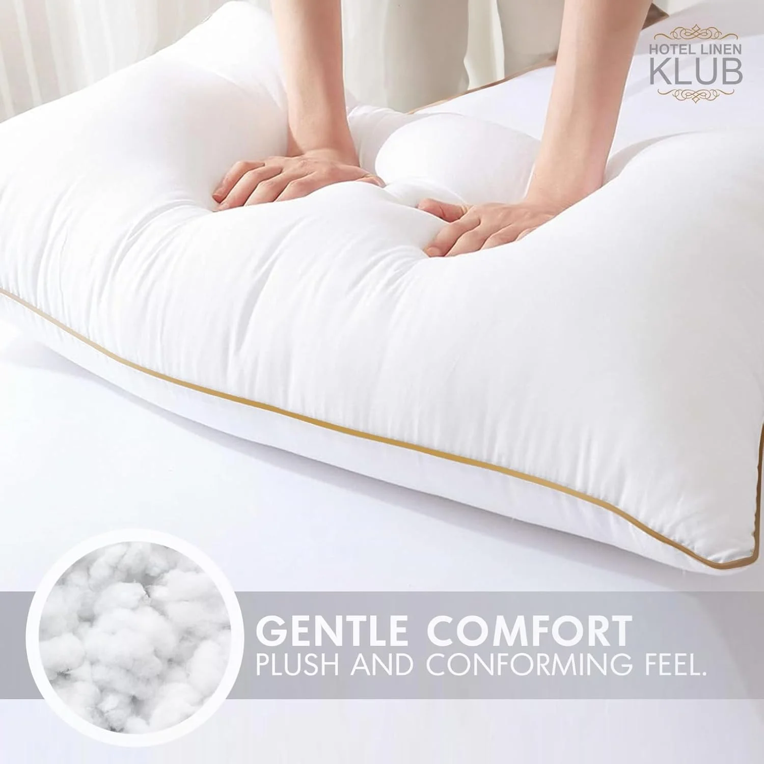 بالش لوکس هتل لینن کلاب 100% پنبه با نوار طلایی تک زیبا - سایز استاندارد (50 x 75 سانتی متر) به رنگ سفید کلاسیک، ارائه دهنده راحتی و استایل استثنایی برای تجربه خوابی آرام