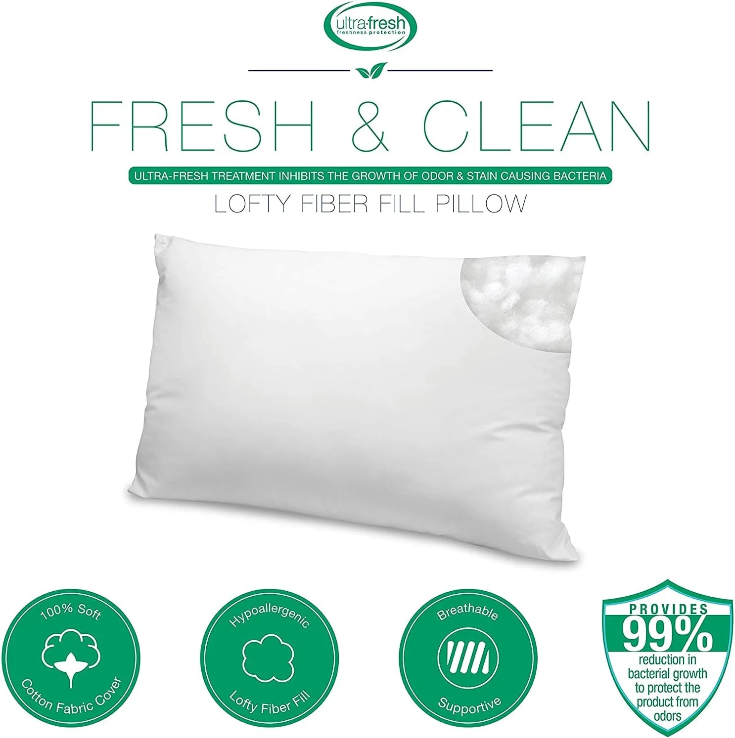 بالش آنتی‌باکتریال Hotel Linen Klub Glofresh - یک عدد، رنگ: سفید، سایز: 50 × 75 سانتی‌متر، 800 گرم الیاف نرم با تکنولوژی پیشرفته آنتی‌باکتریال برای بهداشت و راحتی بیشتر