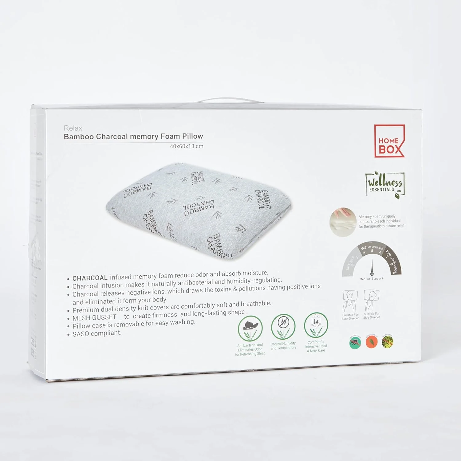 بالش مموری فوم بامبو و زغال فعال HomeBox Relax - ابعاد 40x60x13 سانتی متر