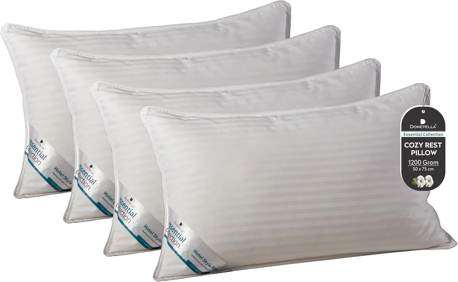 بالش هتلی دوناتلا، 1200 گرم، 2 عدد، سایز 50x75 سانتی متر، 100% پنبه، راه راه ساتن، دوخت لبه دوبل، الیاف ژل ممتاز، بالش نرم و لطیف تخت (بسته 4 عددی)