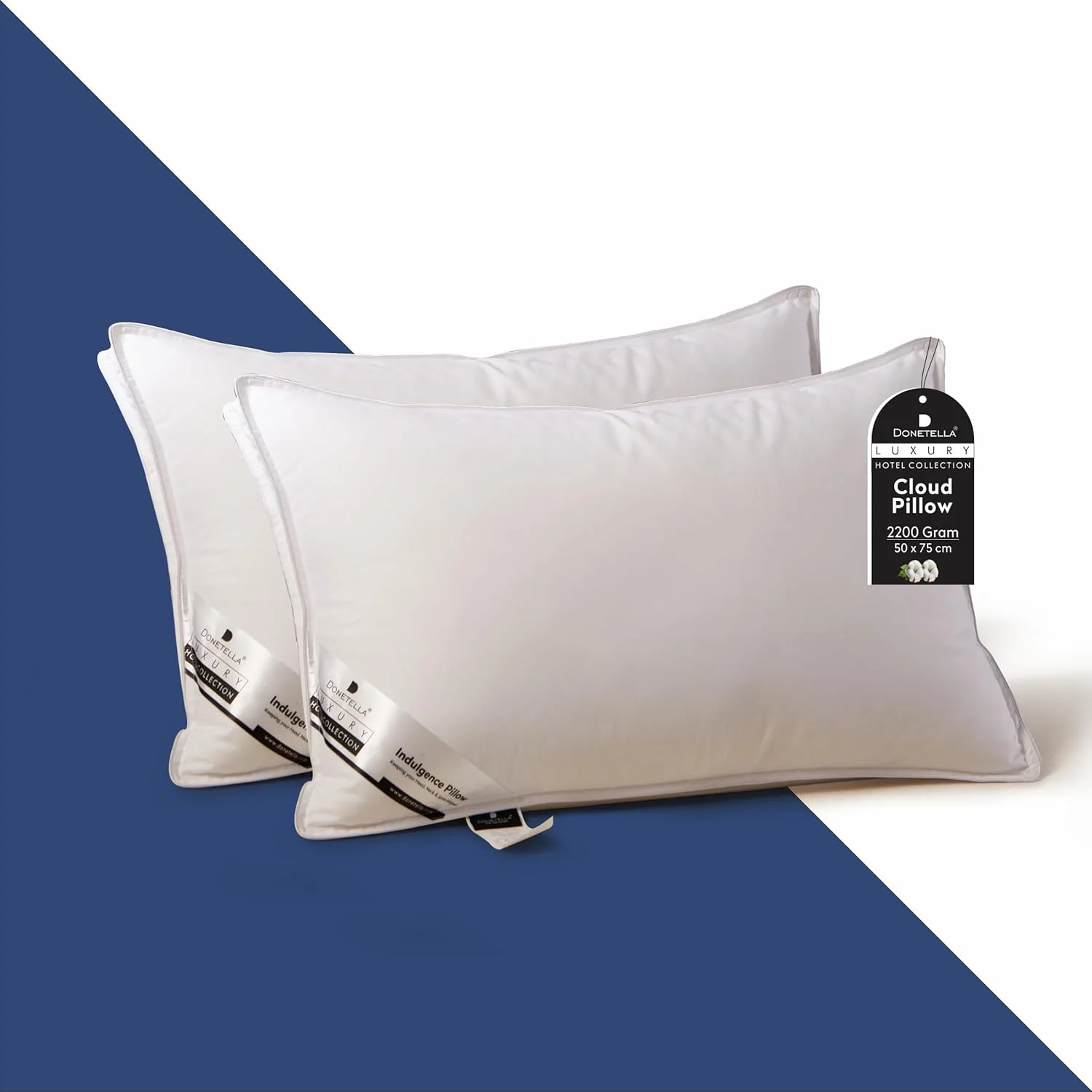 بالش هتلی ممتاز دوناتلا - جایگزین پر با کیفیت، روکش 100% پنبه، سازگار با پوست، 2200 گرم (بسته 2 عددی، 50x75 سانتی متر) (بالش هتلی لوکس)