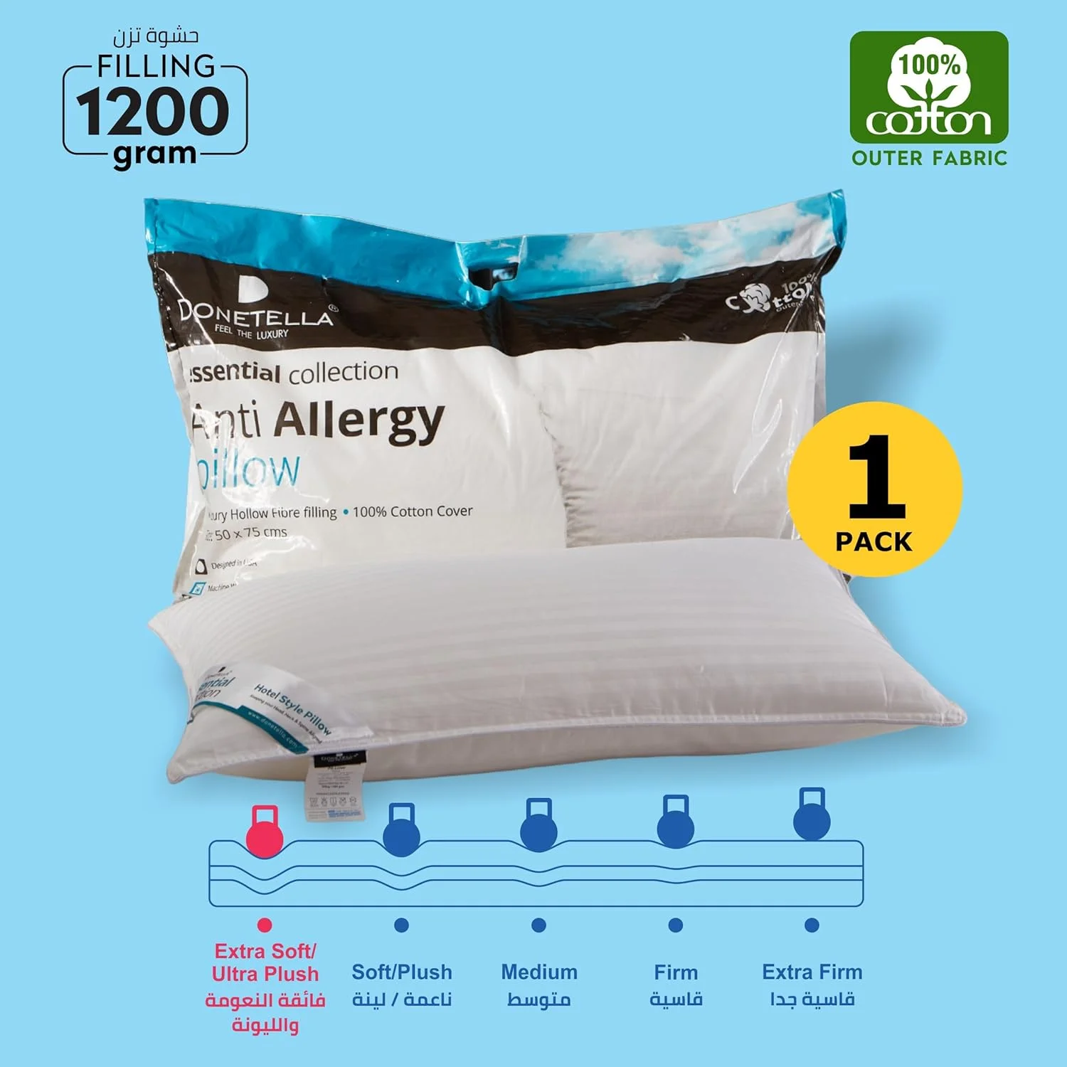 بالش هتلی دوناتلا، سایز کینگ، 1200 گرم، روکش پنبه ای با راه راه های ساتن، 50x75 سانتی متر (تک عددی) (بالش پنبه ای لوکس)