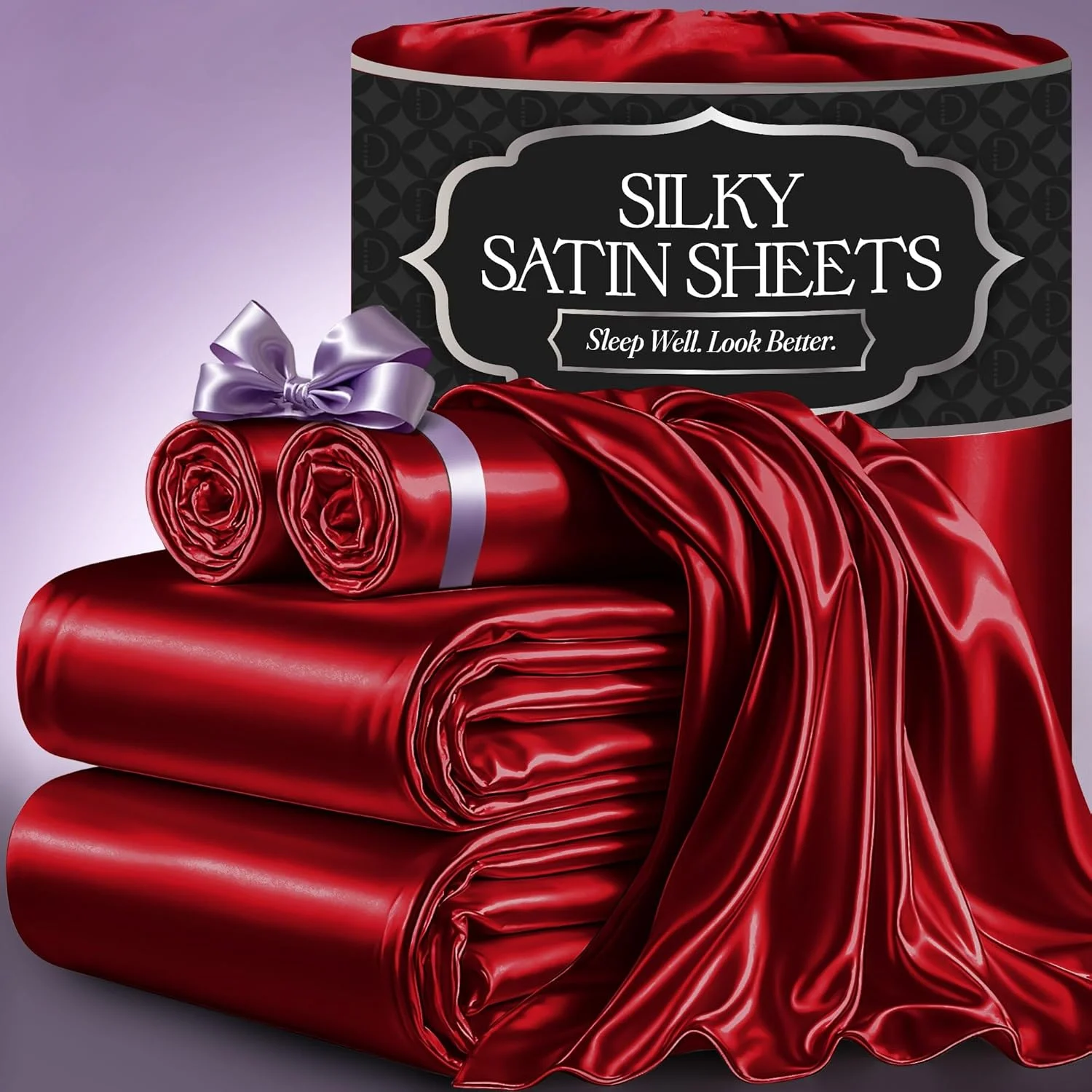 ملحفه ساتن تخت خواب DECOLURE - ست روتختی ابریشمی لوکس 4 تکه سایز کینگ - نرم تر از ابریشم، بدون چروک با ملحفه کش دار با عمق 15 اینچ، ایده آل برای مو و پوست، هدیه برای بانوان (قرمز-001)