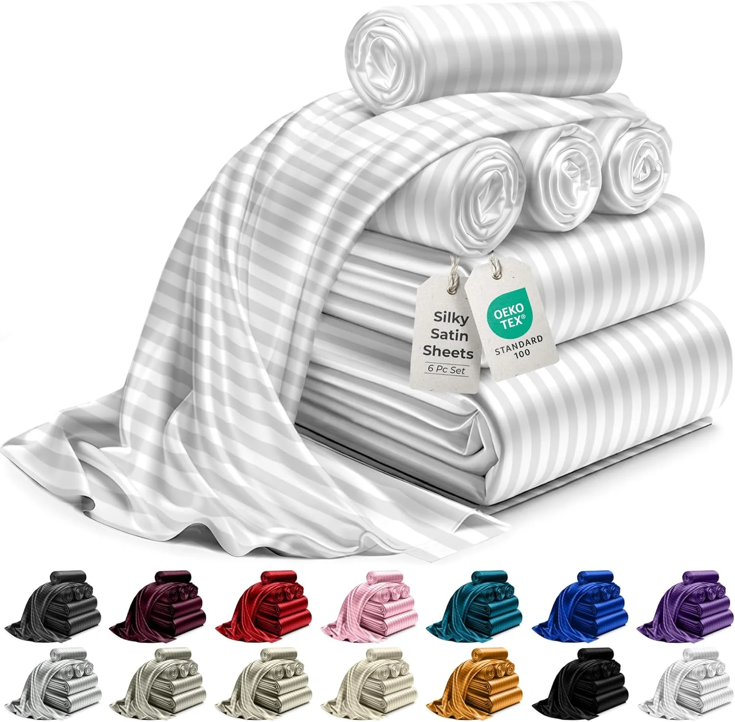 ست ملحفه ساتن راه راه DECOLURE سایز کامل 6 تکه - ملحفه های ساتن با لمس ابریشمی لوکس - ملحفه های نرم و ابریشمی مناسب تمام فصول سایز کامل - ست ملحفه کامل ساتن سفید با جیب عمیق و روبالشتی (سفید)