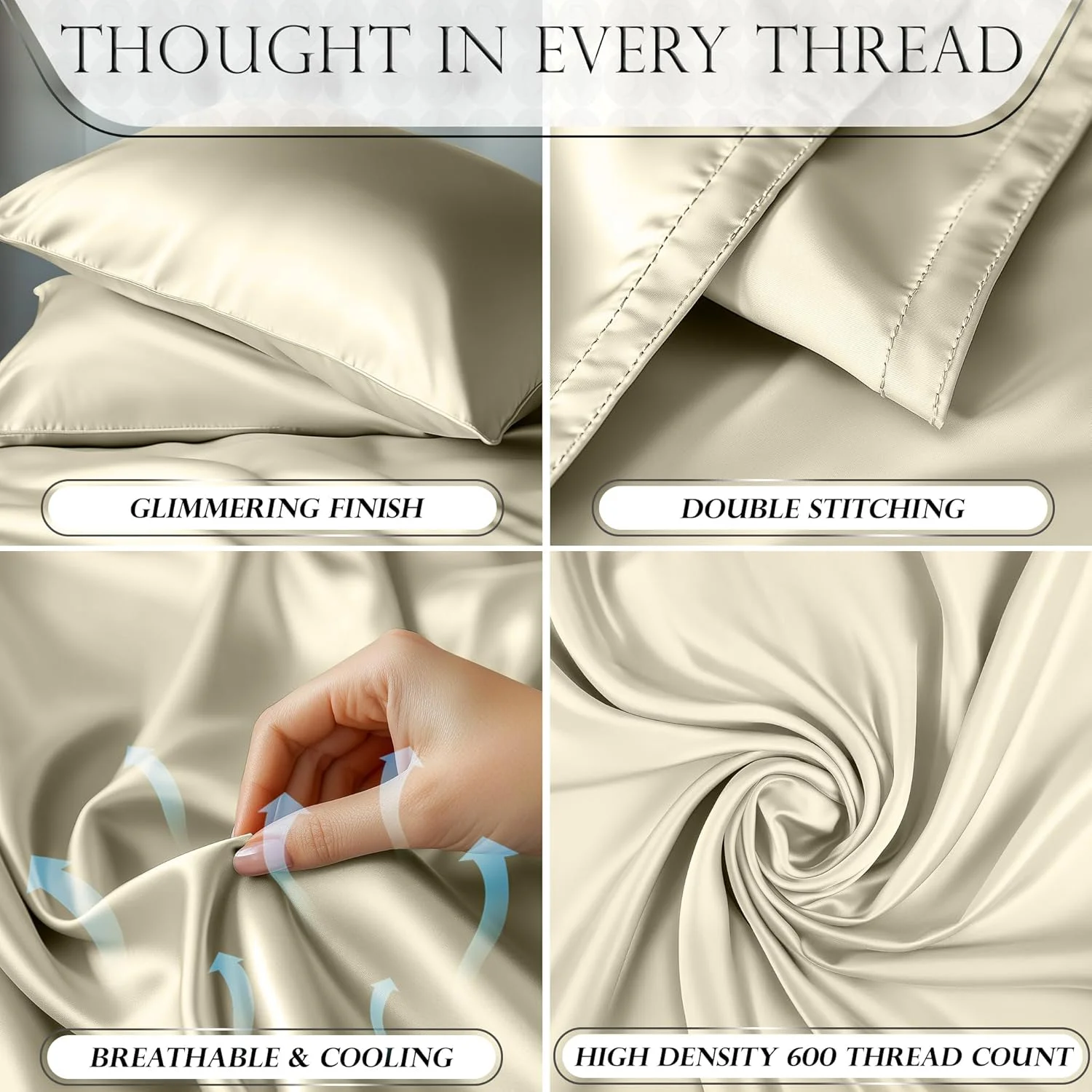 ست ملحفه ساتن 6 تکه سایز کوئین - ملحفه های ابریشمی لطیف و لوکس کوئین با جیب عمیق - ملحفه های ساتن نرم و ابریشمی سایز کوئین مناسب تمام فصول - ست ملحفه های ساتن راحت (شامپاینی)