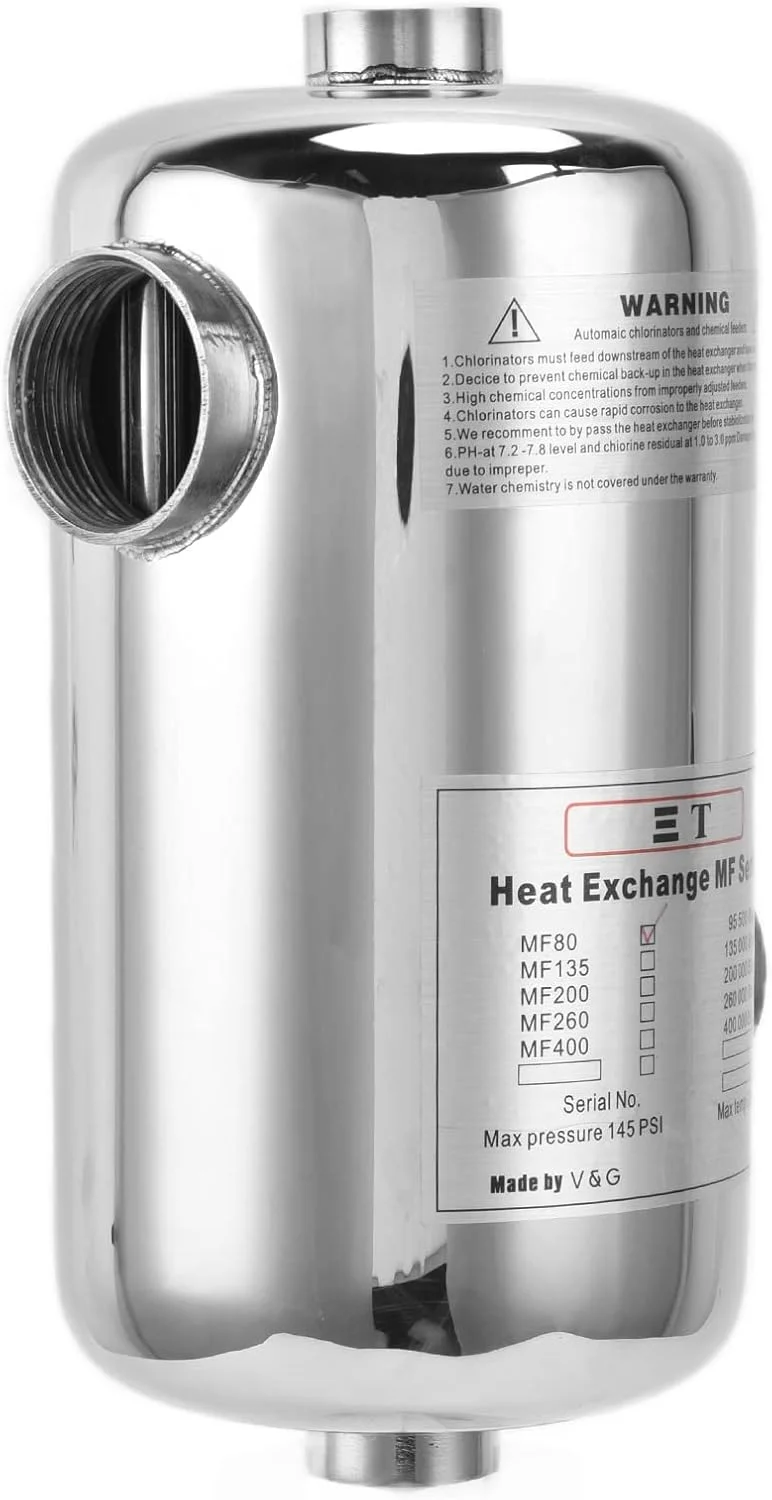 مبدل حرارتی استخر DAUB، مبدل حرارتی پوسته لوله ای فولاد ضد زنگ 25 کیلووات، مبدل حرارتی آب شور با رزوه مادگی 1.77 اینچی جانبی برای اسپا، استخر شنا، وان آب گرم، گرمایش خورشیدی استخر