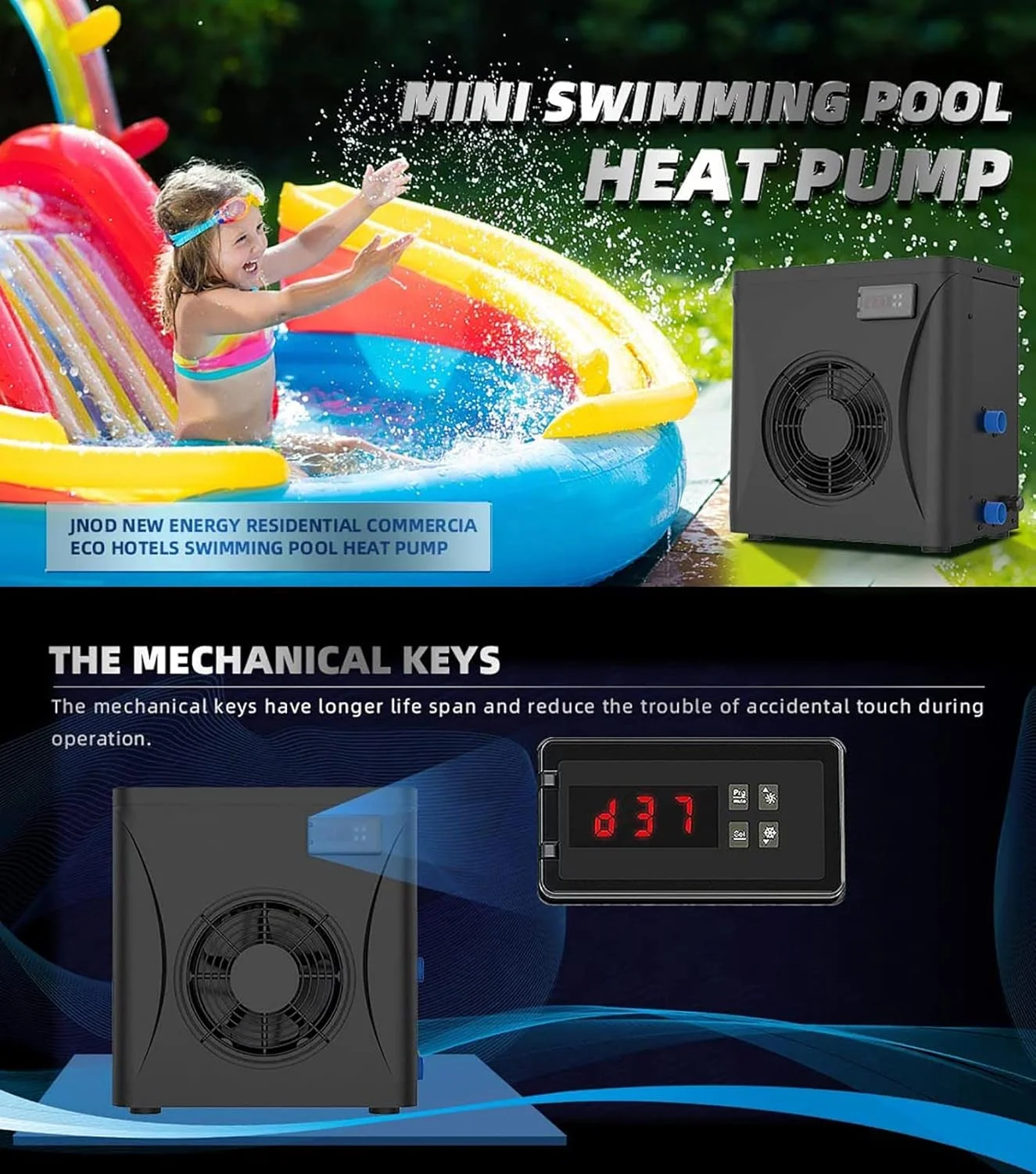 پمپ حرارتی استخر و آبگرمکن برقی با کنترلر دمای دیجیتال، مناسب برای استخرهای ≤15m³