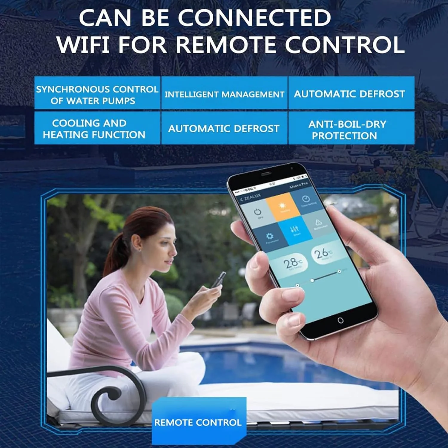 گرمکن استخر، پمپ حرارتی استخر شنا، کنترل از طریق Wi-Fi، ترموستات استخر شنا، مناسب برای استخرهای شنای 0 تا 18 متر مکعب