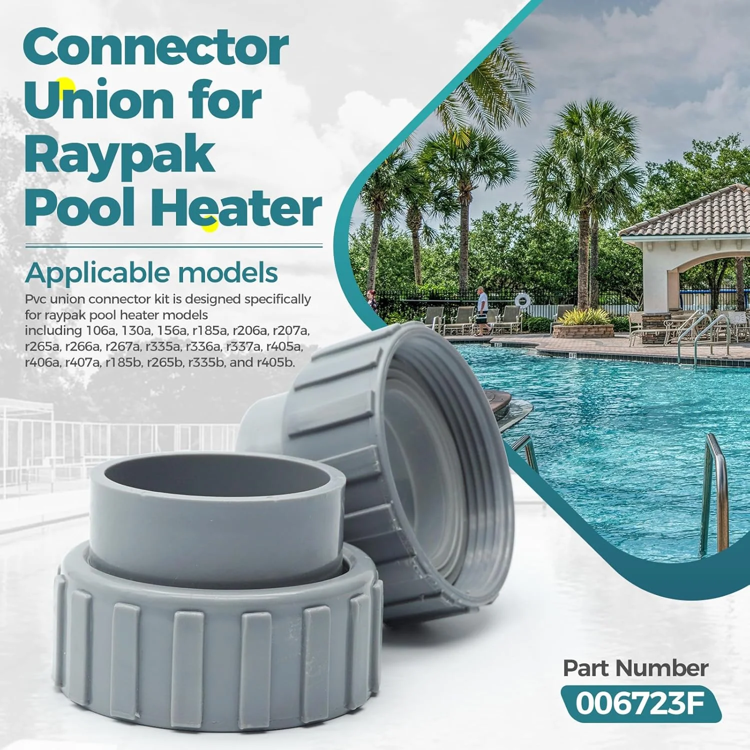 اتصال یونیون، برای قطعات بخاری استخر ریپک، اتصال 006723F با کیت فلنج بخاری 2 مهره برای بخاری استخر ریپک ریم، 2 عدد، PVC