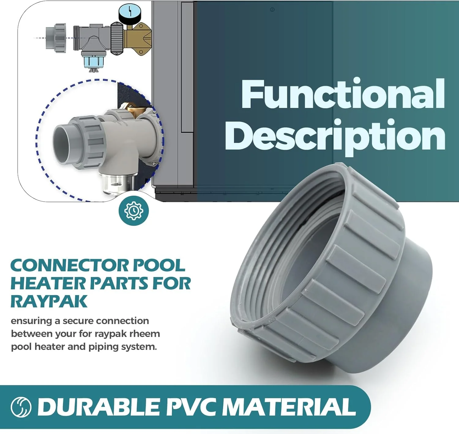 اتصال یونیون، برای قطعات بخاری استخر ریپک، اتصال 006723F با کیت فلنج بخاری 2 مهره برای بخاری استخر ریپک ریم، 2 عدد، PVC