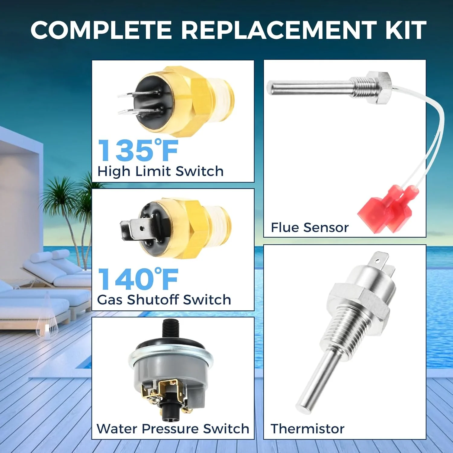 ETERMETA 42002-0024S حسگر دودکش 42001-0053S ترمیستور بخاری 42001-0060S سوئیچ فشار آب 42002-0025S سوئیچ قطع کننده خودکار گاز AGS 42001-0063S سوئیچ محدود کننده بالا کیت تعمیر بخاری استخر