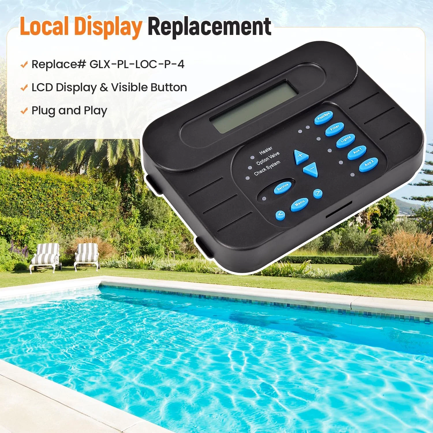 صفحه کلید کنترلر نمایشگر محلی GLX-PL-LOC-P-4 سازگار با سیستم های اتوماسیون Hayward PL-P-4 Goldline Pro Logic و کلرزنی، برای سیستم های اتوماسیون AquaPlus PL-Plus صفحه کلید کنترلر نمایشگر محلی GLX-PL-LOC-P-4 سازگار با سیستم های اتوماسیون Hayward PL-P-4 Goldline Pro Logic و کلرزنی، برای سیستم های اتوماسیون AquaPlus PL-Plus
