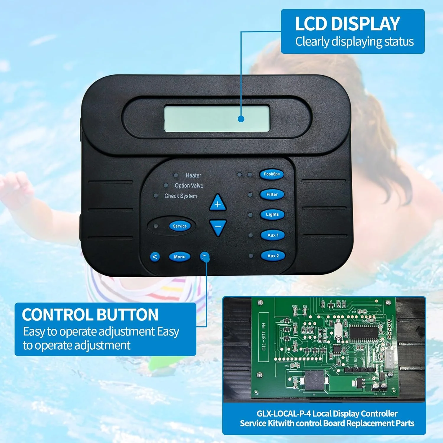 کیت سرویس کنترلر نمایشگر محلی GLX-PL-LOC-P-4 به همراه قطعات جایگزین برد کنترل، مناسب برای سیستم های اتوماسیون و کلرزنی Hayward Goldline Pro Logic PL-P-4 و سیستم های اتوماسیون AquaPlus PL-PLUS