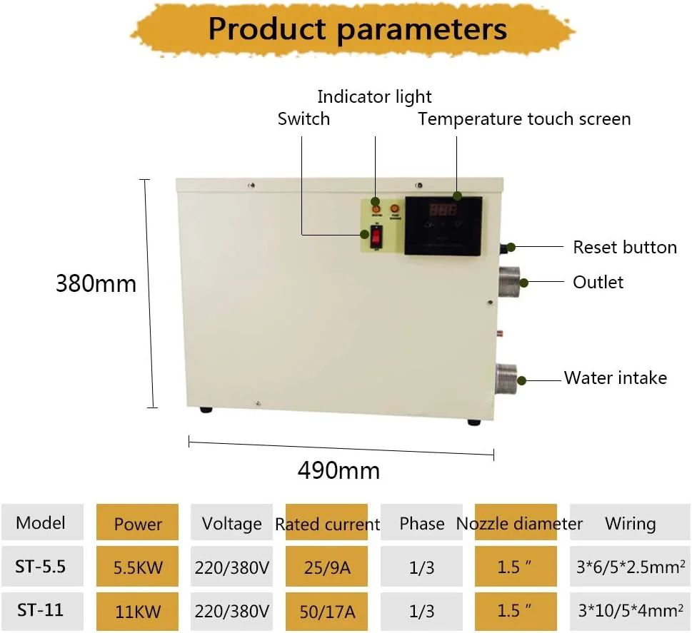ترموستات استخر 5.5 کیلووات 380 ولت بخاری برقی استخر آبگرم لوله گرمایش آب لوازم جانبی استخر برای 2-11 کیلووات