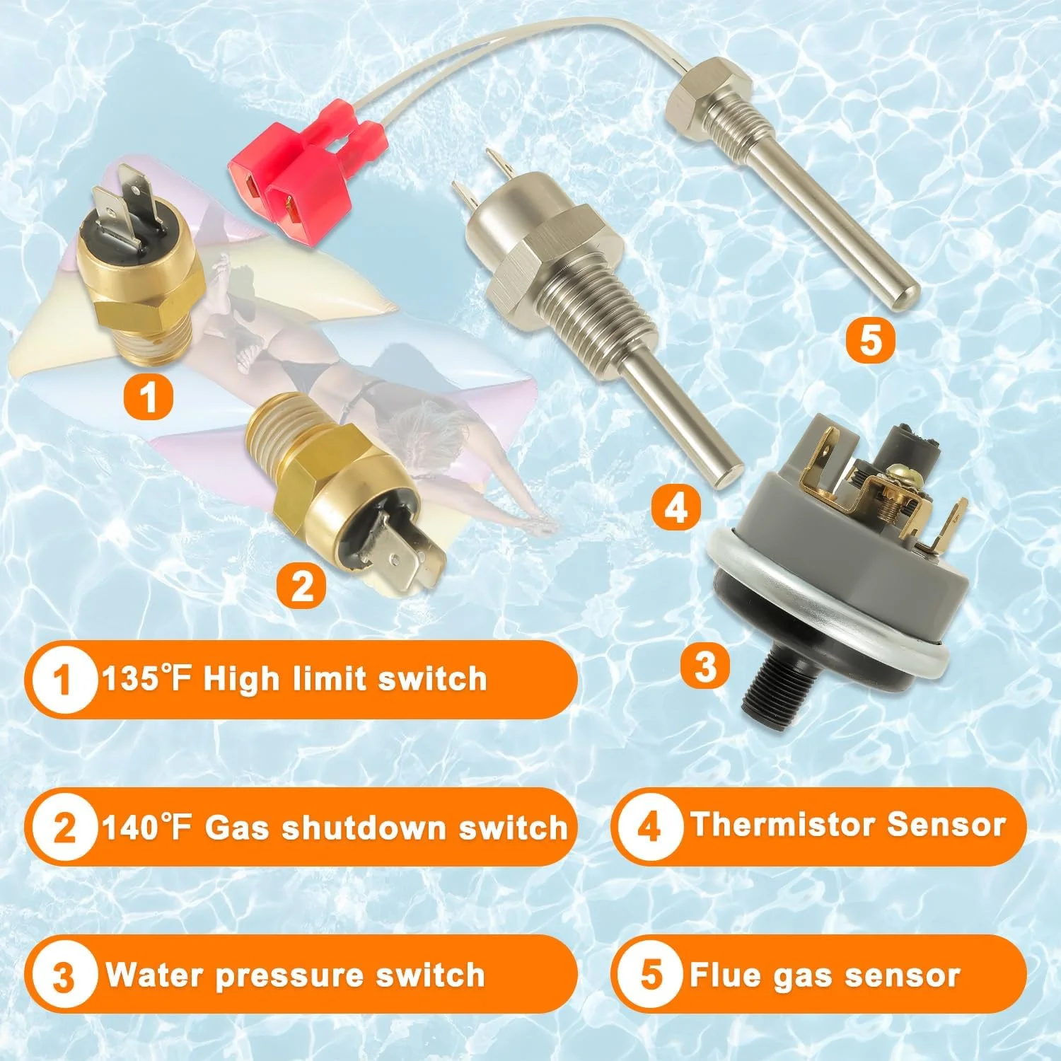 کیت تعمیر بخاری استخر سازگار با Pentair Mastertemp Max-E-Therm شامل سنسور دودکش، ترمیستور، سوئیچ، جایگزین # 42002-0024S، 42001-0053S، 42001-0060S، 42002-0025S، 42001-0063S
