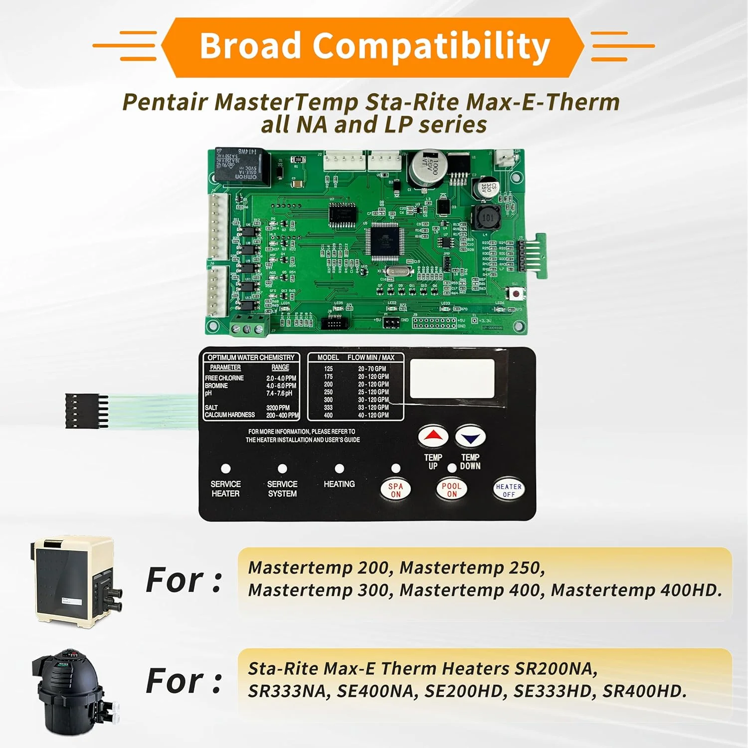 کیت برد کنترل جایگزین 42002-0007S برای Pentair MasterTemp 200/250/300/400 و Sta-Rite Max-E-Therm SR200/SR333/SR400، همراه با پد غشایی سوئیچ 472610Z