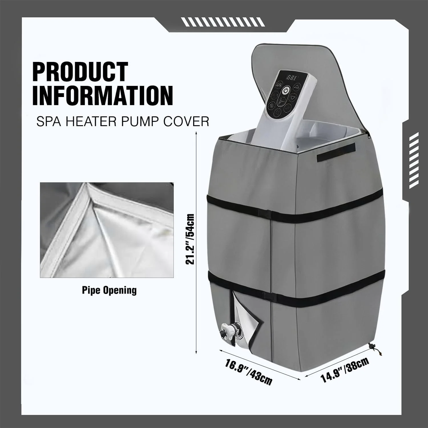 روکش پمپ گرمکن جکوزی LAIAMER، ضدآب پارچه آکسفورد 600D با فیلم آلومینیومی عایق، پمپ گرمکن جکوزی بادی، نصب آسان با زیپ و بندهای چسبی (خاکستری، مربعی)