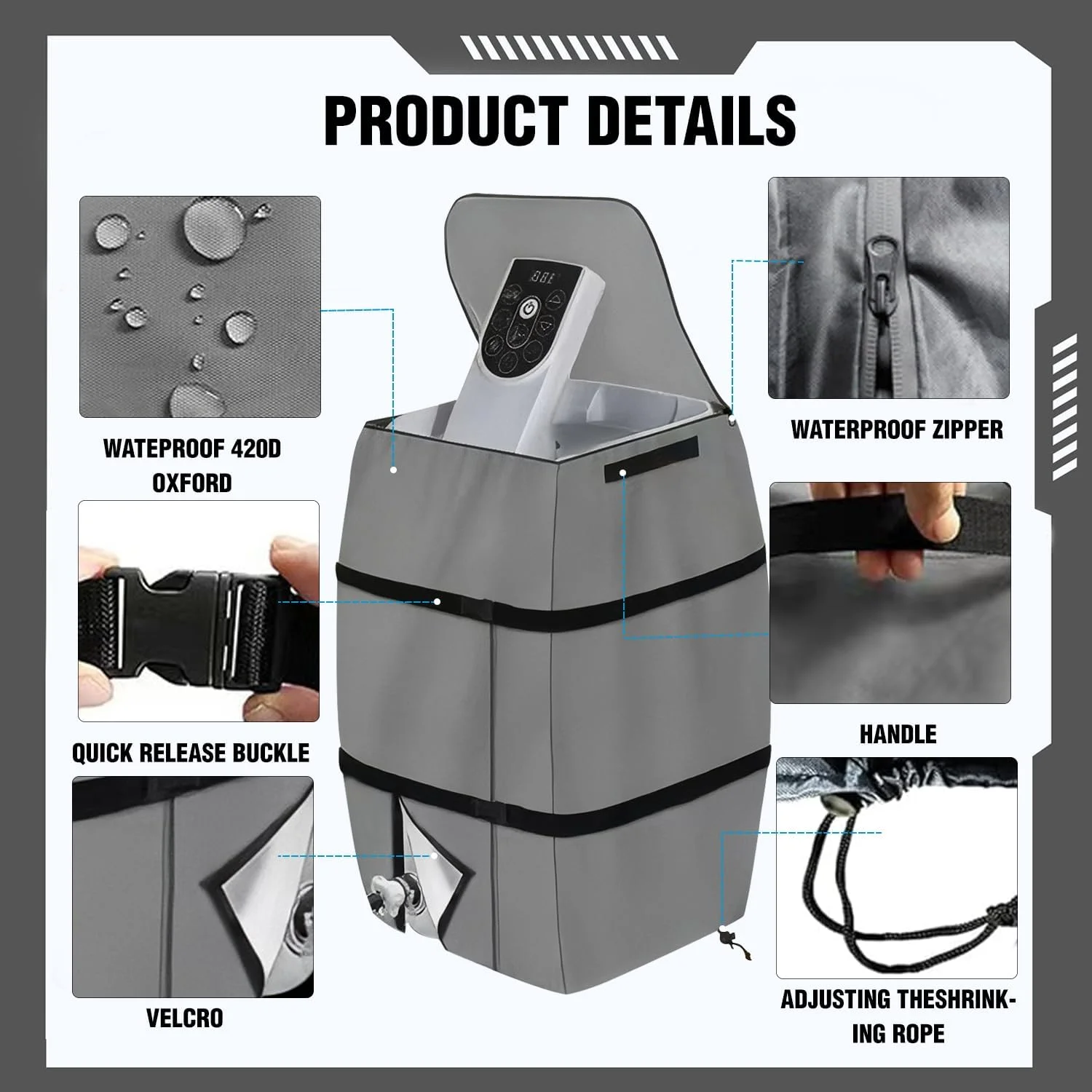 روکش پمپ گرمکن جکوزی LAIAMER، ضدآب پارچه آکسفورد 600D با فیلم آلومینیومی عایق، پمپ گرمکن جکوزی بادی، نصب آسان با زیپ و بندهای چسبی (خاکستری، مربعی)