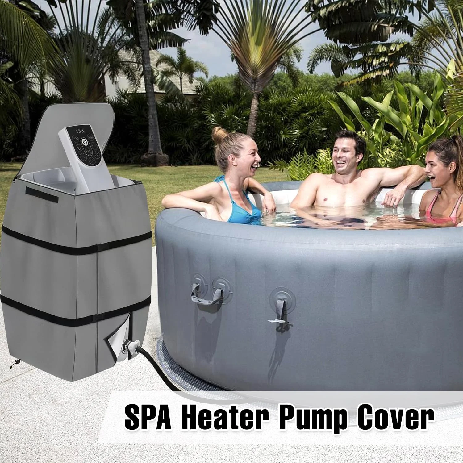 روکش پمپ گرمکن جکوزی LAIAMER، ضدآب پارچه آکسفورد 600D با فیلم آلومینیومی عایق، پمپ گرمکن جکوزی بادی، نصب آسان با زیپ و بندهای چسبی (خاکستری، مربعی)