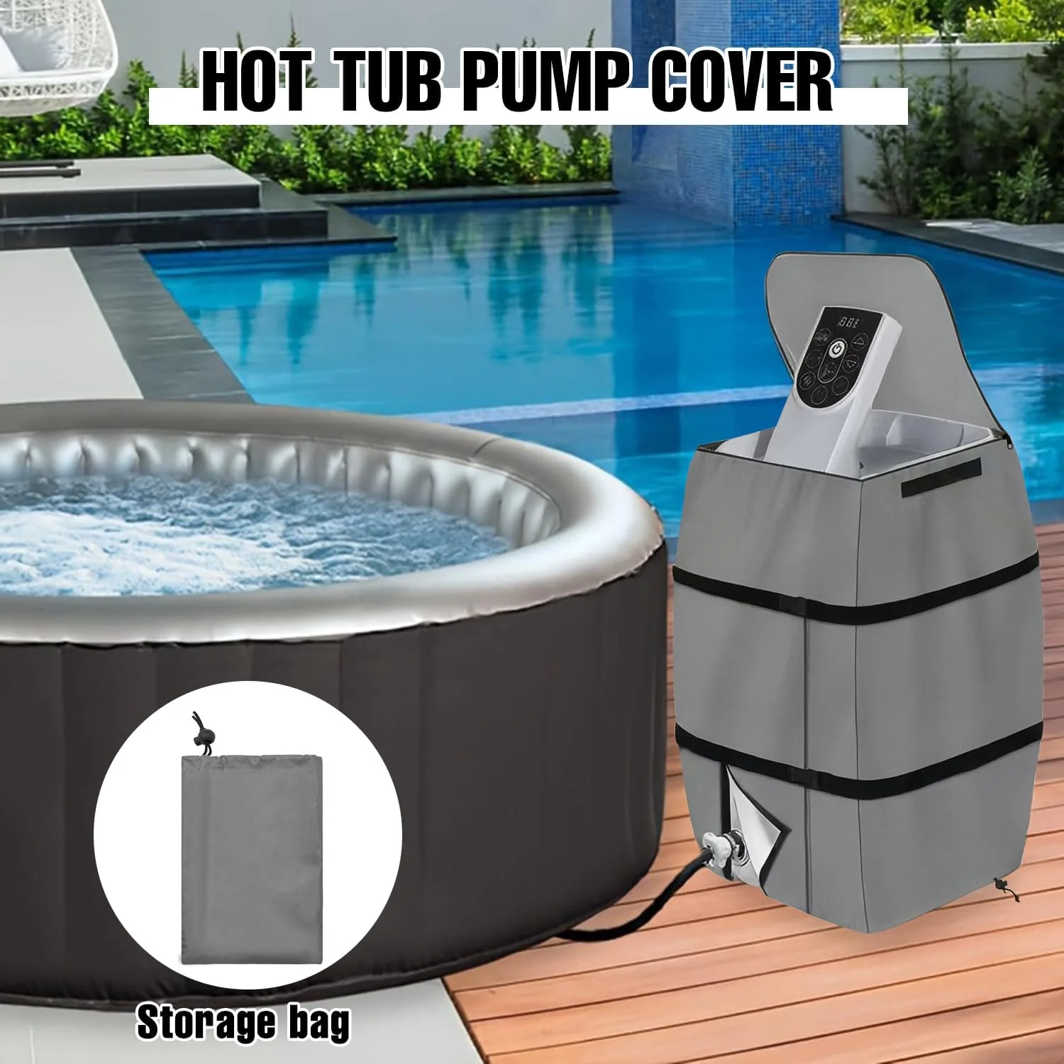 روکش پمپ گرمکن جکوزی LAIAMER، ضدآب پارچه آکسفورد 600D با فیلم آلومینیومی عایق، پمپ گرمکن جکوزی بادی، نصب آسان با زیپ و بندهای چسبی (خاکستری، مربعی)