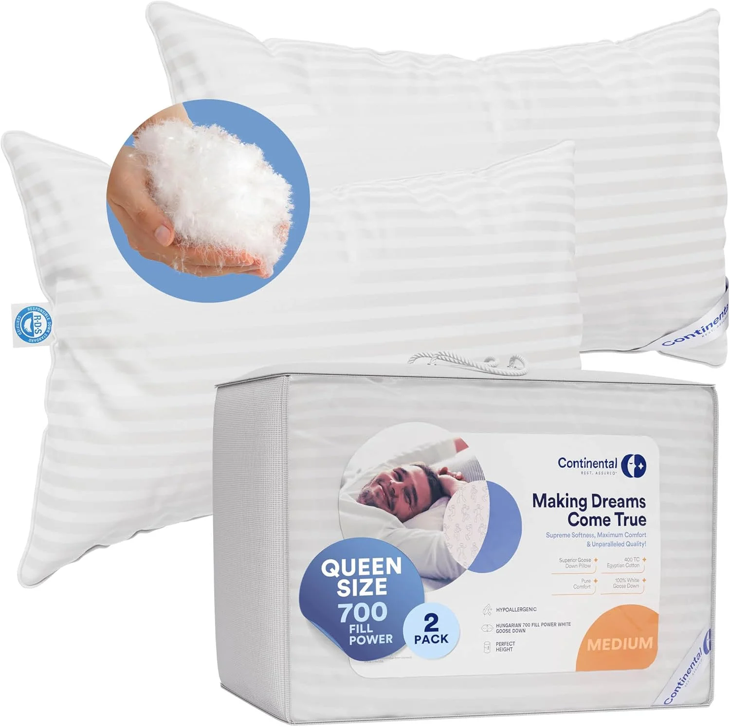 بالش های پر قو لوکس Continental Bedding سایز کویین، ست 2 عددی - تولید خانوادگی در نیویورک - بالش های خنک و تنفسی برای خوابیدن، مناسب برای خوابیدن به پشت، پهلو و شکم - 700 FP، نرمی و ارتفاع زیاد