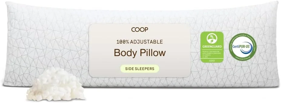 بالش بدنه فوم حافظه دار Coop Home Goods با فوم حافظه خرد شده قابل تنظیم - بالش ایده آل برای در آغوش گرفتن در دوران بارداری - روکش نرم و قابل شستشو از جنس ویسکوز ریون بامبو - 20x54