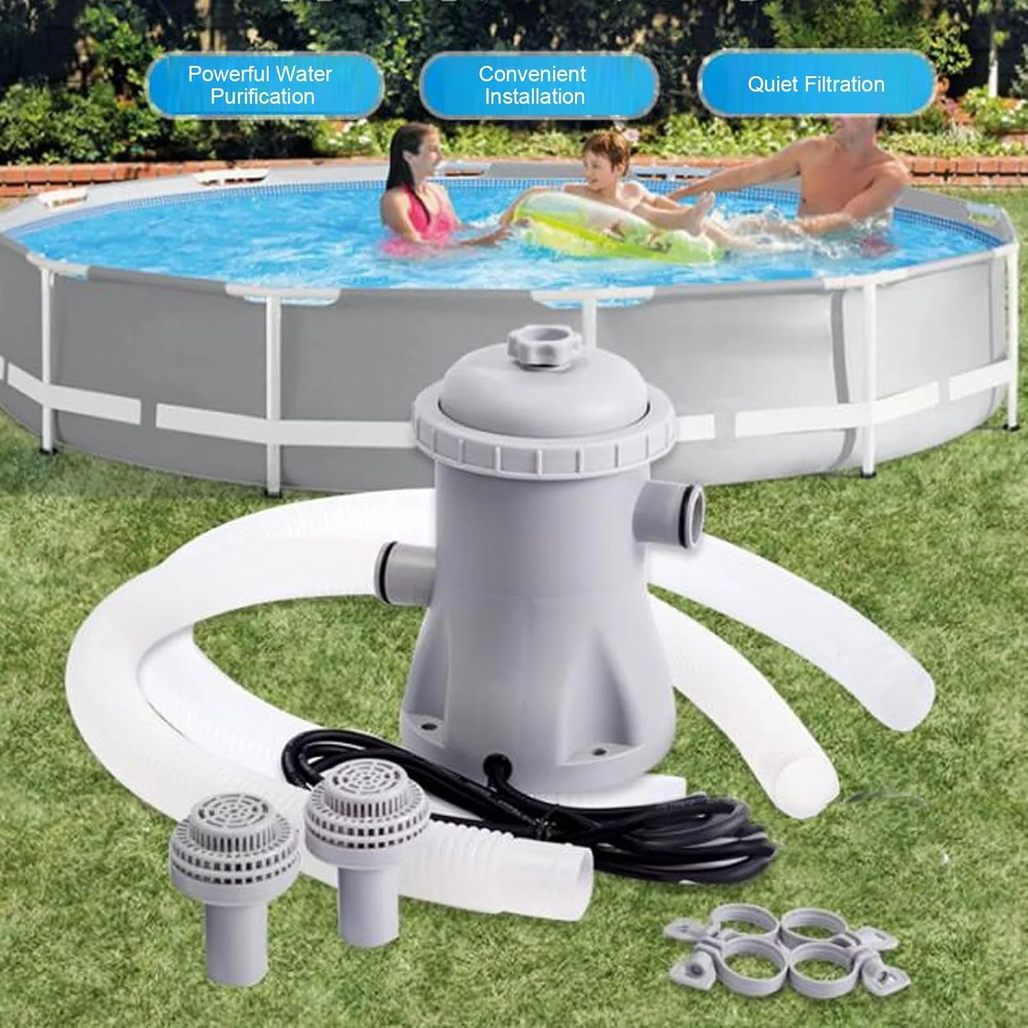 پمپ تصفیه استخر برقی بی صدا Bewinner، پمپ فیلتر استخر 330 گالن، پمپ فیلتر استخر زمینی - ضدعفونی، گردش آب، فیلتراسیون (دوشاخه بریتانیا 220 ولت)