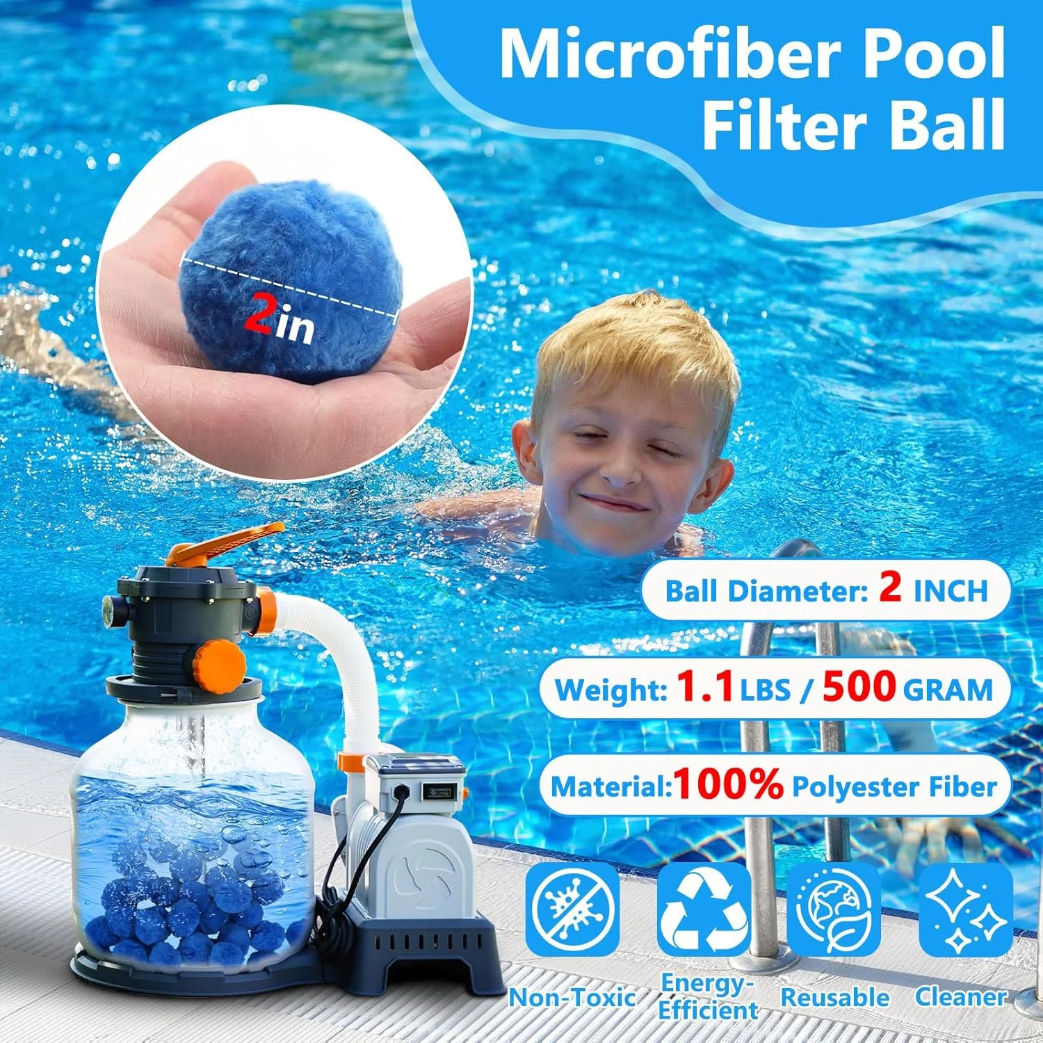 توپ فیلتر استخر 500 گرمی برای پمپ فیلتر شنی، توپ های رسانه ای فیبر استخر قابل استفاده مجدد، جایگزین شن فیلتر استخر برای مخزن آکواریوم، سیستم های فیلتر شنی استخر