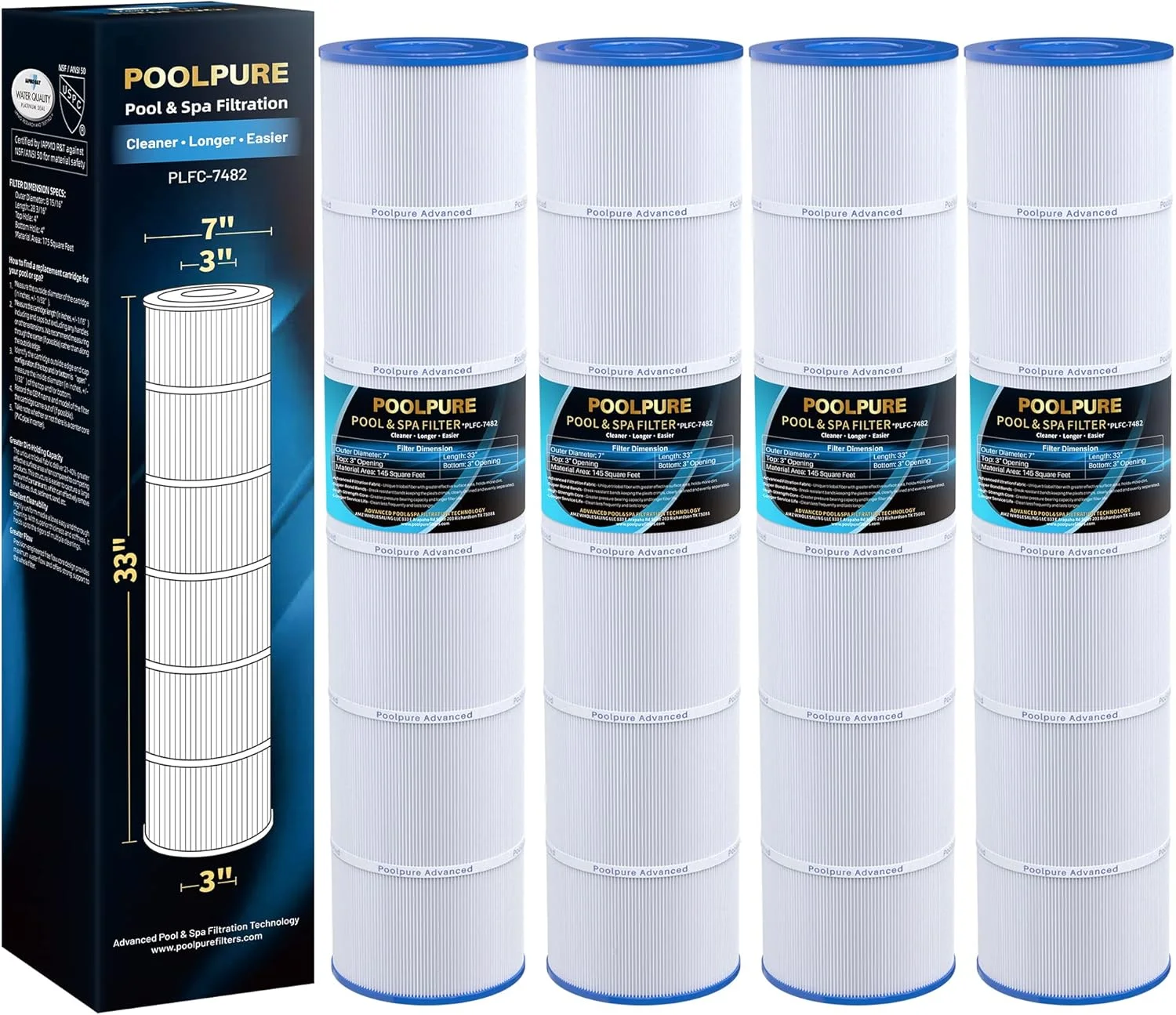 فیلتر استخر جایگزین POOLPURE برای Jandy CL580, CV580, PJAN145, Unicel C-7482, Filbur FC-0820, A0104100, R0357900, Filbur FC-6415, SD-01109، کارتریج فیلتر 145 فوت مربع، بسته 4 عددی