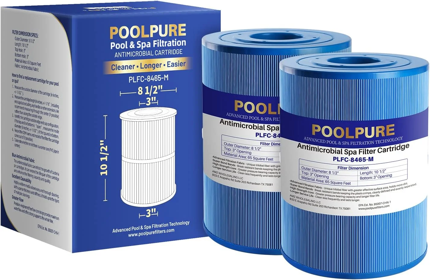 فیلتر آبگرم POOLPURE C-8465RA جایگزین واتکینز 31114، سازگار با Unicel C-8465RA، Pleatco PWK65-M، Filbur FC-3960M، 71827، 71828، 65 فوت مربع فیلتر آبگرم چشمه آب گرم 2 عددی