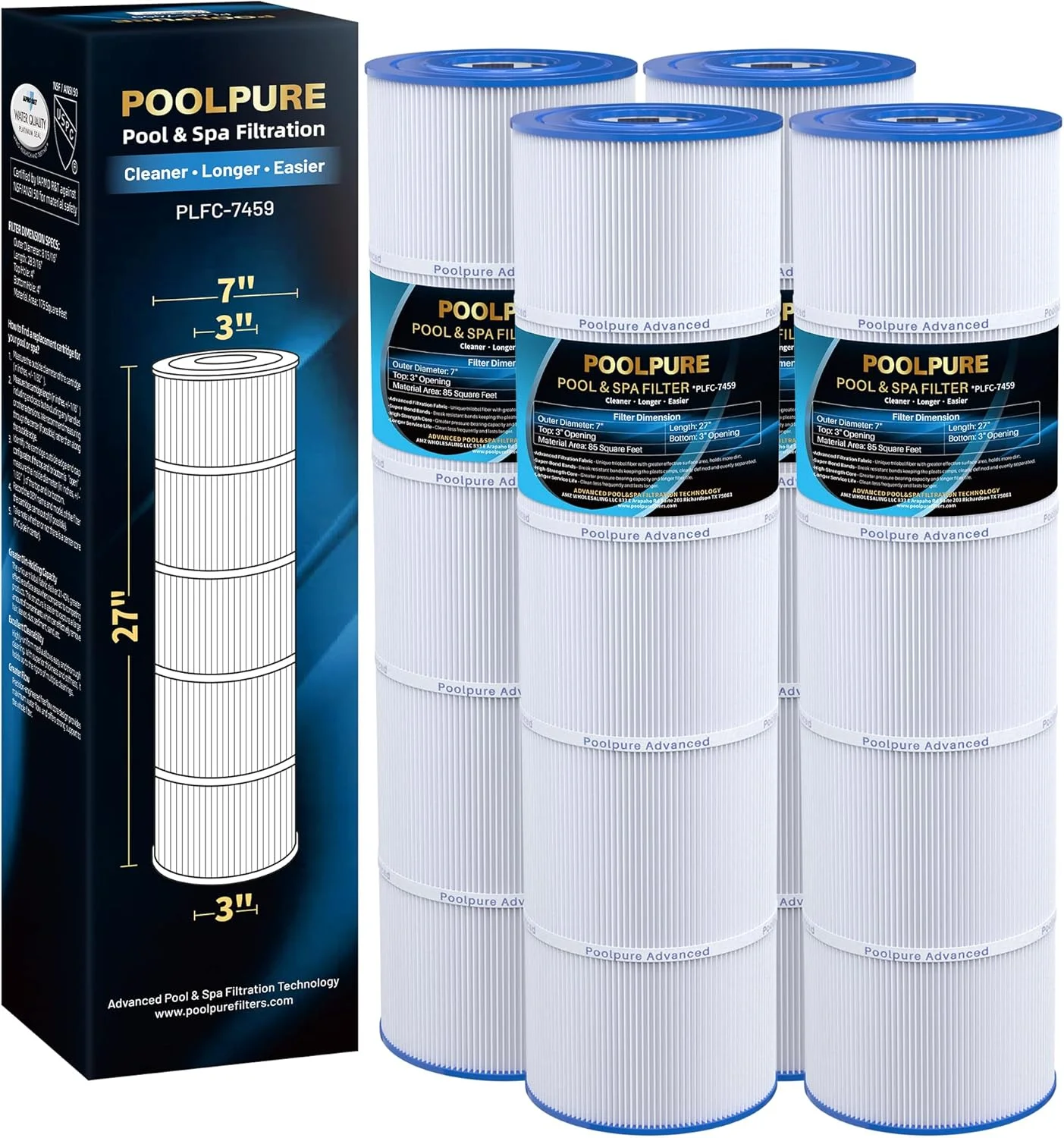 فیلتر POOLPURE C-7459 جایگزین Jandy CL 340, PJAN85, Unicel C-7459, Filbur FC-6405, Filbur FC-0800, A0557900, R0554500, Aladdin 18504, APCC7352، کارتریج فیلتر 4 عددی 4X85 فوت مربع