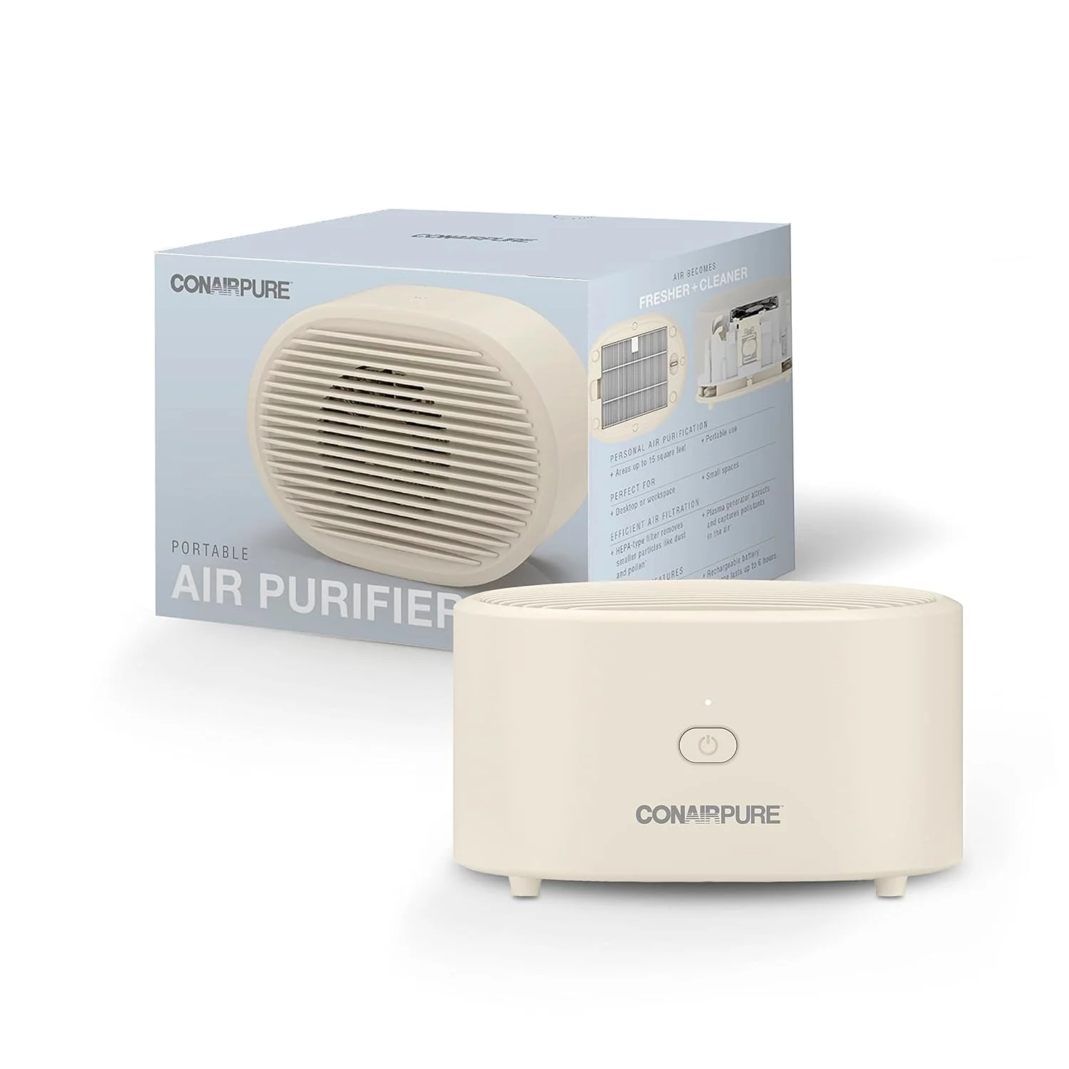 دستگاه تصفیه هوای کوچک قابل حمل Conair، شارژی با سیم/بدون سیم، فیلتر هوا HEPA، تصفیه کننده هوا برای آلرژی، گرد و غبار، گرده، کنترل بو، خانه، اتاق خواب، اتاق خوابگاه، تصفیه کننده هوا برای اتاق کوچک