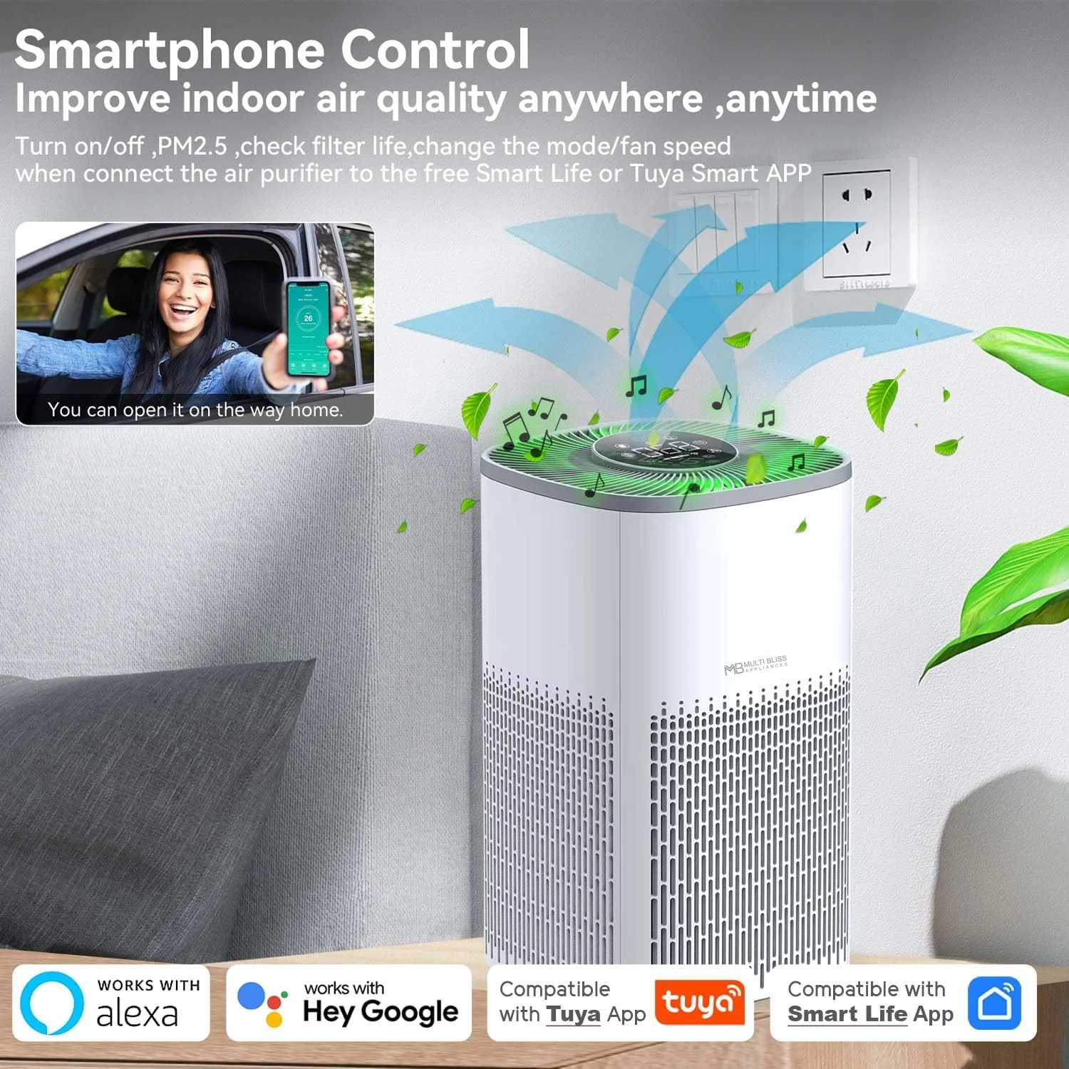 دستگاه تصفیه هوای بزرگ 9 در 1 MB® با قابلیت کنترل صوتی و اپلیکیشن، دارای موسیقی خواب، سنسور کیفیت هوا H13 HEPA PM2.5، حذف 99.98% گرده، آلرژی، گرد و غبار، دود، بوی حیوانات خانگی، مناسب برای خانه و اتاق خواب، CDAR 12,600 فوت مکعب تا 0.1 میکرون، سازگار با الکسا و گوگل