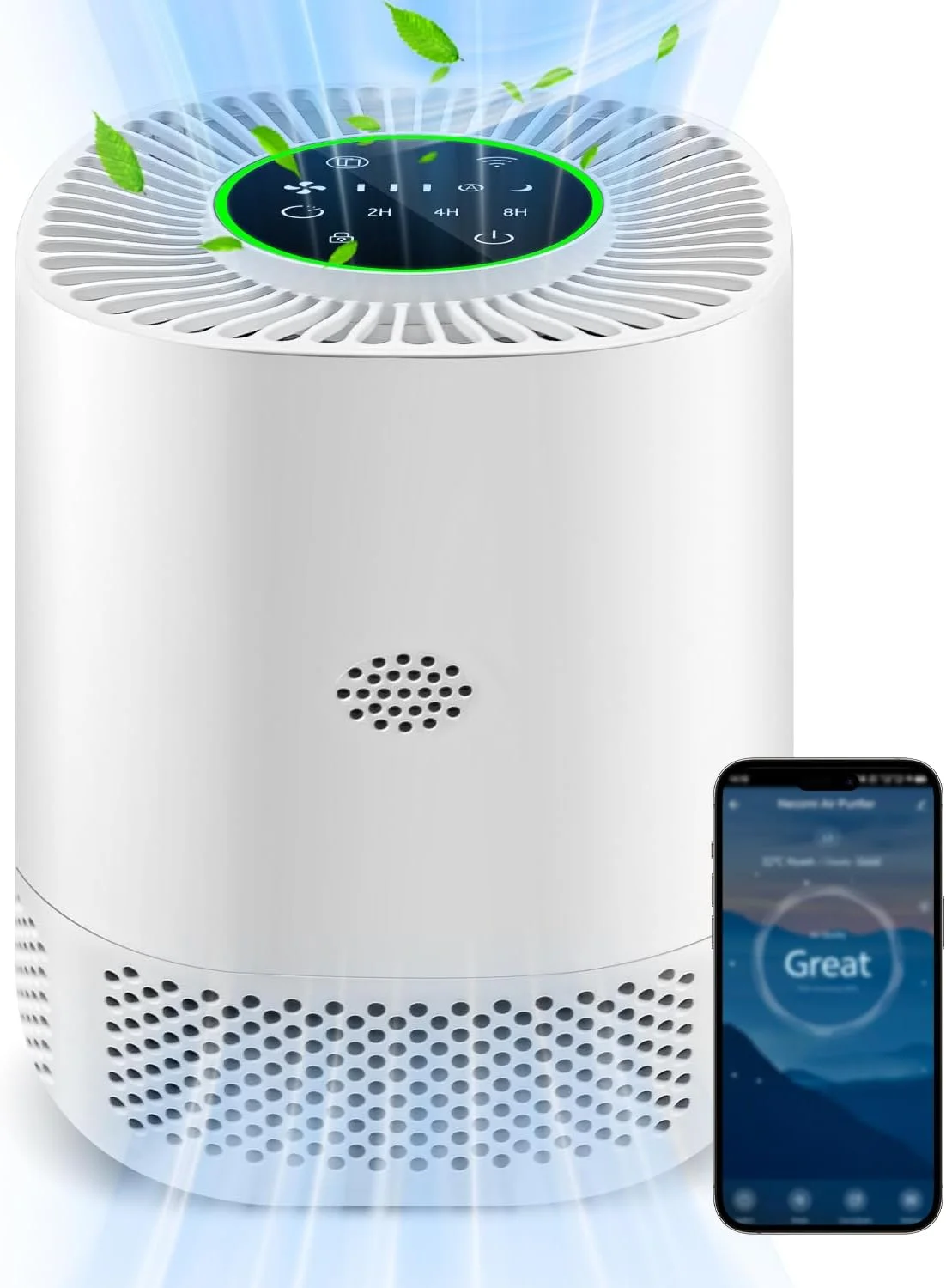 دستگاه تصفیه هوای هوشمند نئوکومی مناسب اتاق خواب منزل، کنترل هوشمند وای فای و الکسا، نمایشگر PM2.5، فیلتر هوای 3 در 1 H13 با تایمر حالت خواب و خودکار، حذف 99.97% گرده، آلرژی، موی حیوانات خانگی، دود و غیره، سفید