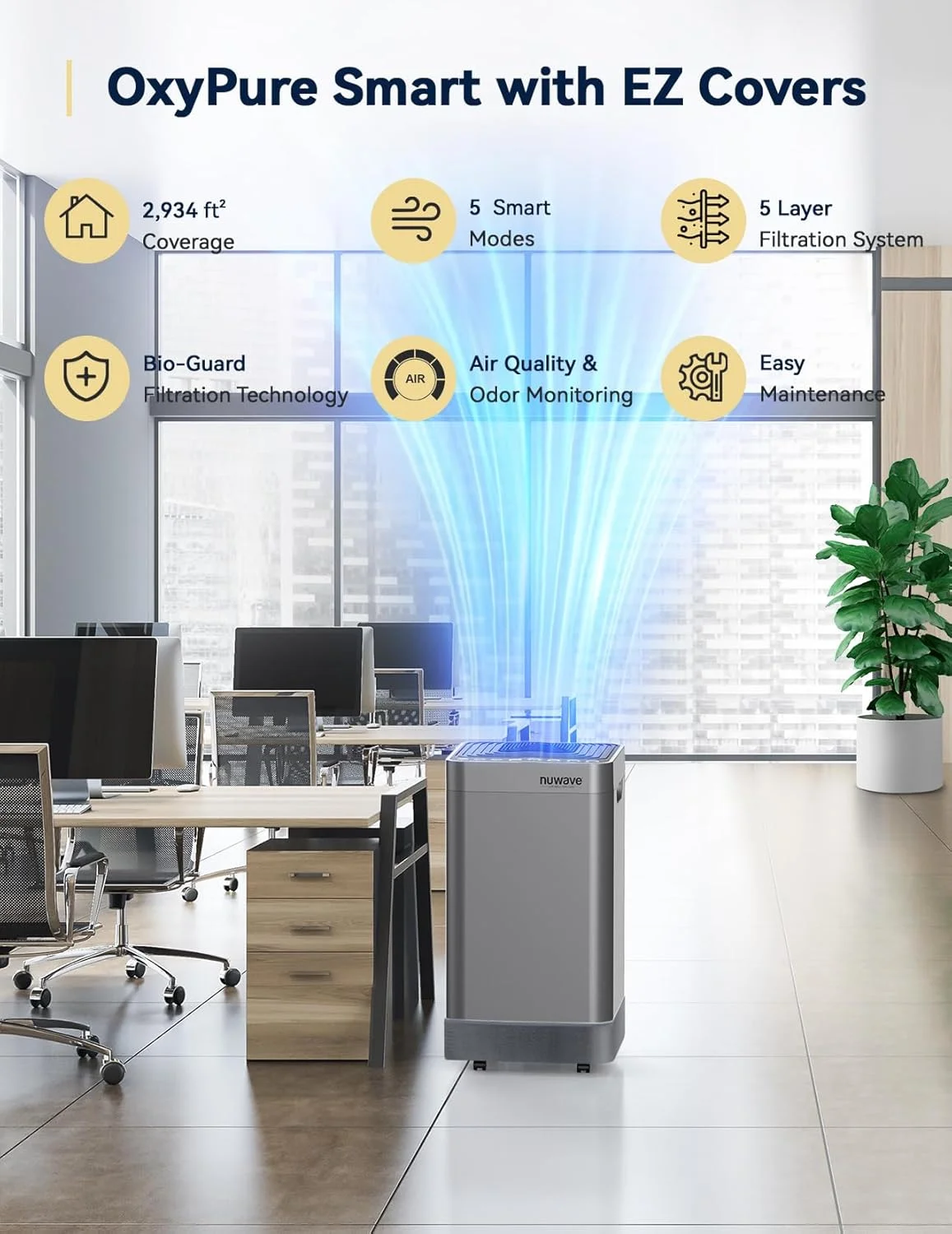 دستگاه تصفیه هوای هوشمند Nuwave OxyPure و روکش های EZ، مناسب برای فضاهای بسیار بزرگ تا 272 متر مربع، مناسب برای حیوانات خانگی، روکش های قابل شستشو، فیلتراسیون 5 مرحله ای، حسگرهای کیفیت هوا/بو، حذف گرد و غبار، دود، گرده و مواد آلرژی زا