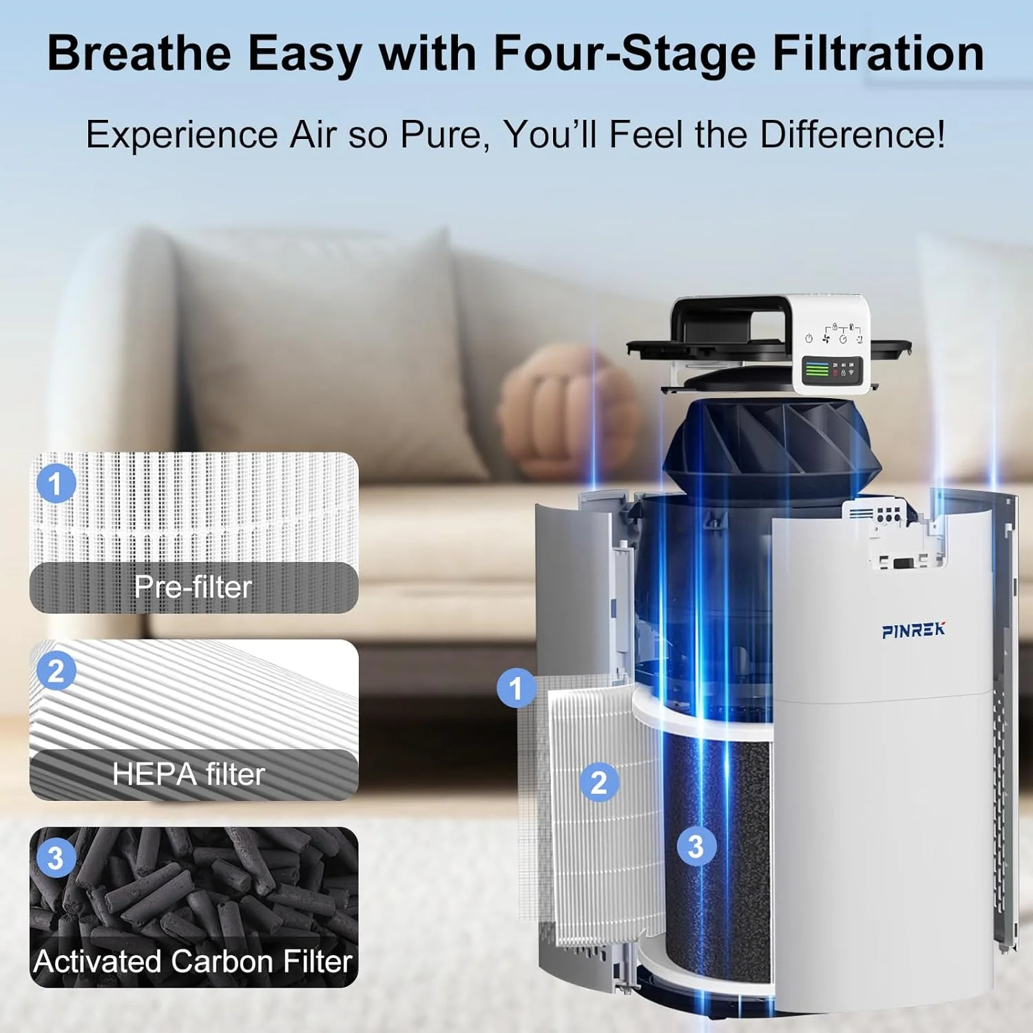 دستگاه تصفیه هوا هوشمند PINREK 9933S مناسب برای اتاق های بزرگ، CADR 400m³/h، کنترل از طریق اپلیکیشن WiFi، فیلتر HEPA H13 برای گرد و غبار، دود، گرده، دستگاه تصفیه هوای بی صدا 24dB با رایحه درمانی و سنسور PM2.5 دستگاه تصفیه هوا هوشمند PINREK 9933S مناسب برای اتاق های بزرگ، CADR 400m³/h، کنترل از طریق اپلیکیشن WiFi، فیلتر HEPA H13 برای گرد و غبار، دود، گرده، دستگاه تصفیه هوای بی صدا 24dB با رایحه درمانی و سنسور PM2.5