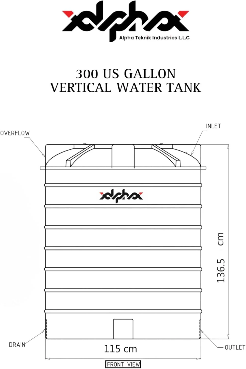 مخزن آب پلی اتیلن عمودی آلفا تکنیک، ۱۱۴۰ لیتری (۳۰۰ گالن)، سه لایه، ساخت امارات