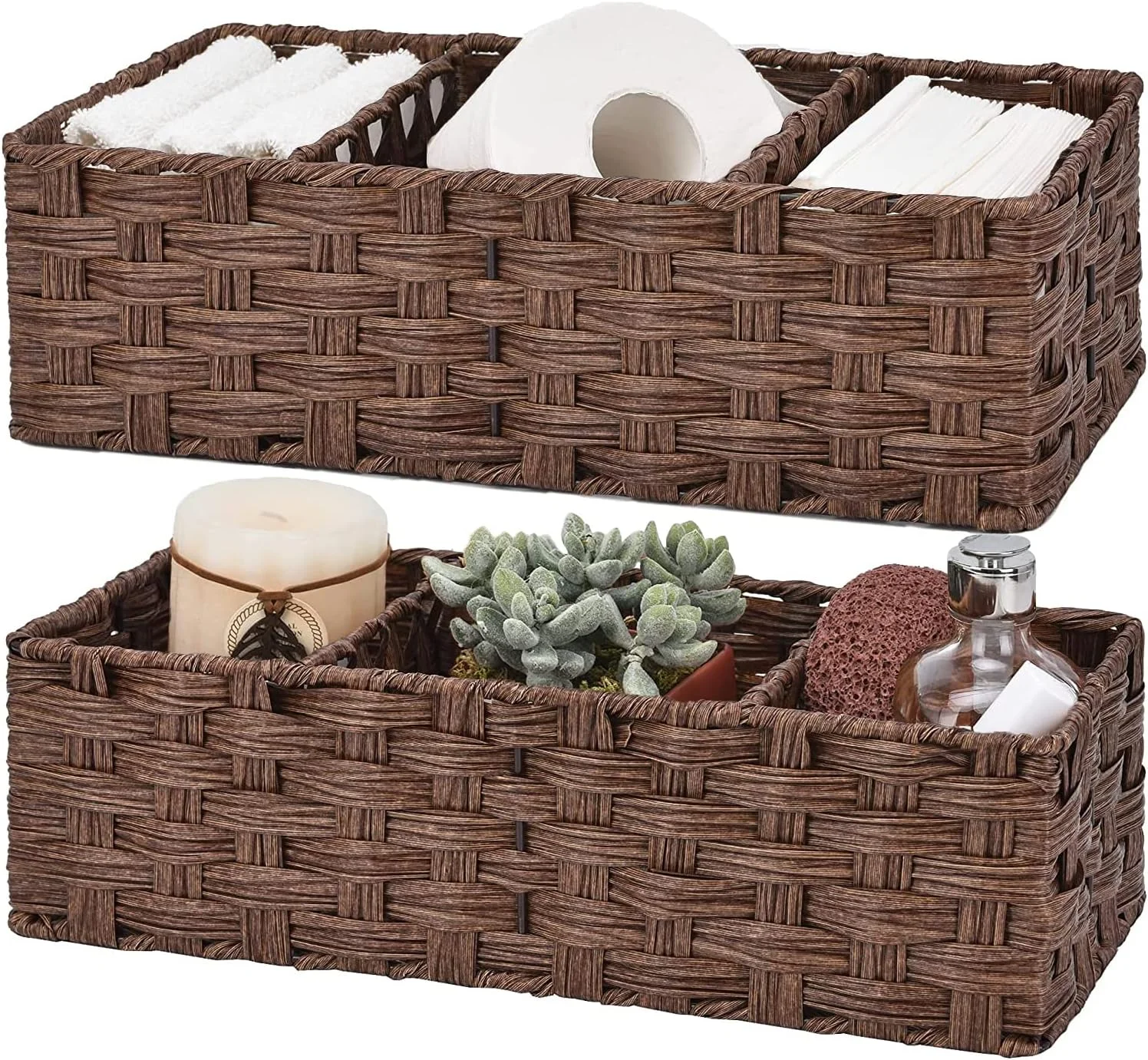 سبدهای حمام Angju برای نظم دهی، سبد ضد آب برای نگهداری لوازم بهداشتی، سبد حصیری با 2 قسمت جداکننده، قهوه ای، بسته 2 عددی