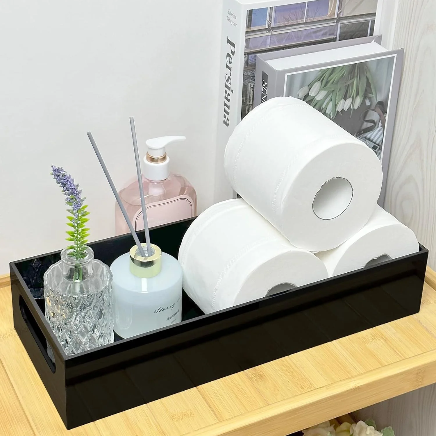 سبد مخزن توالت Bigfety، سبد نگهداری کاغذ توالت اکریلیک، سینی کاغذ توالت مشکی مدرن برای حمام