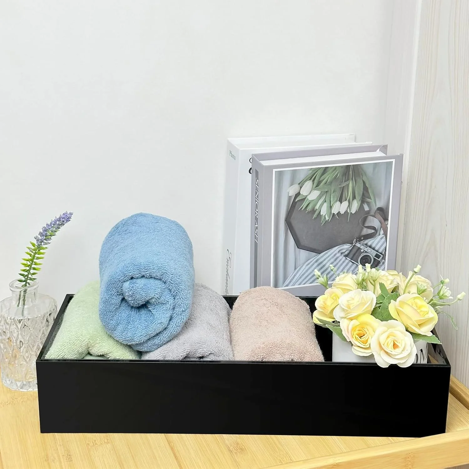 سبد مخزن توالت Bigfety، سبد نگهداری کاغذ توالت اکریلیک، سینی کاغذ توالت مشکی مدرن برای حمام