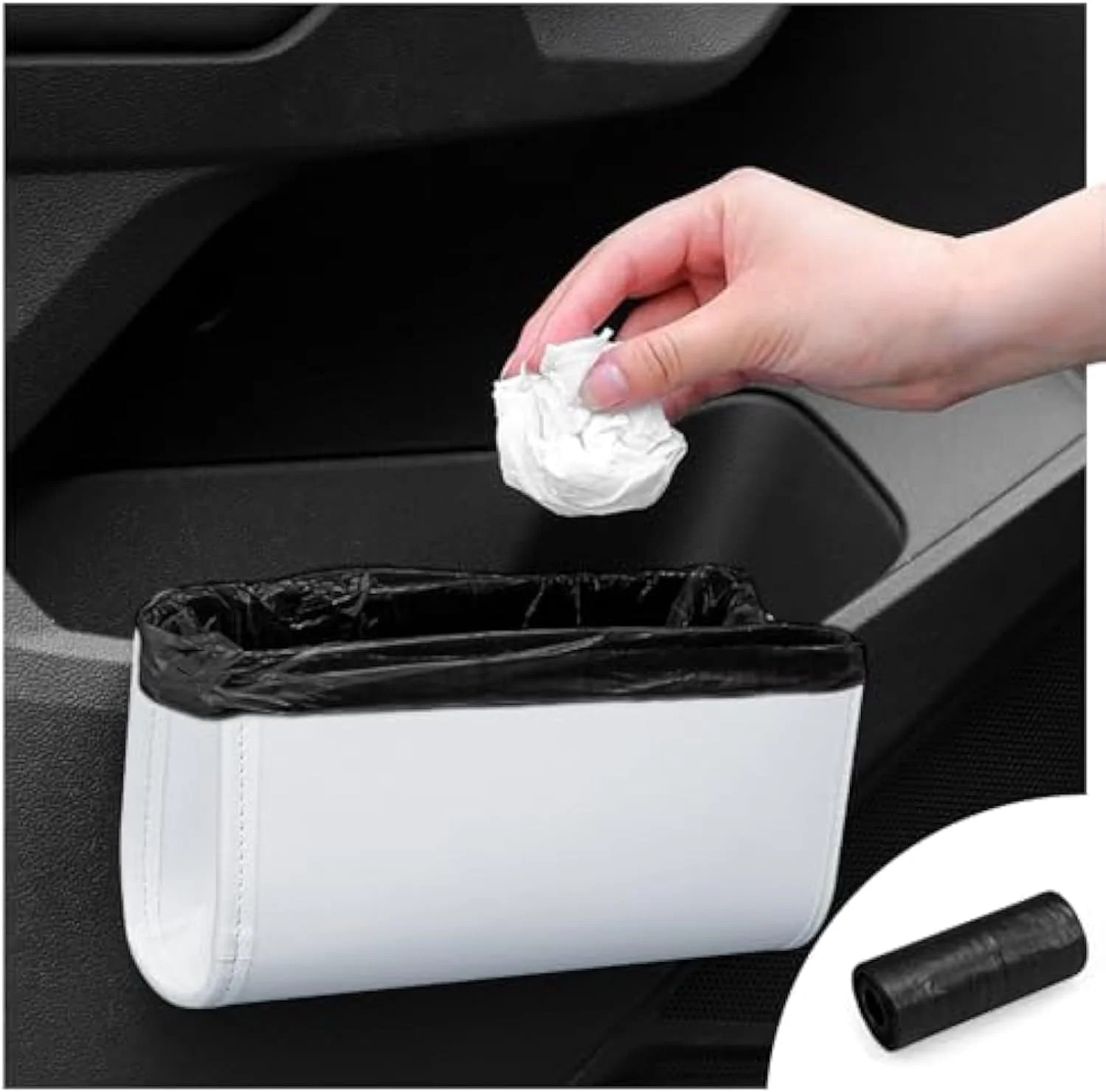 سطل زباله خودرو، سطل های زباله تاشو و ضد نشت، نگهدارنده نظم دهنده درب خودرو، سازمان دهنده و نگهداری خودکار برای لوازم جانبی صندلی جلو و عقب، سطل زباله خودرو با یک رول کیسه زباله، سفید