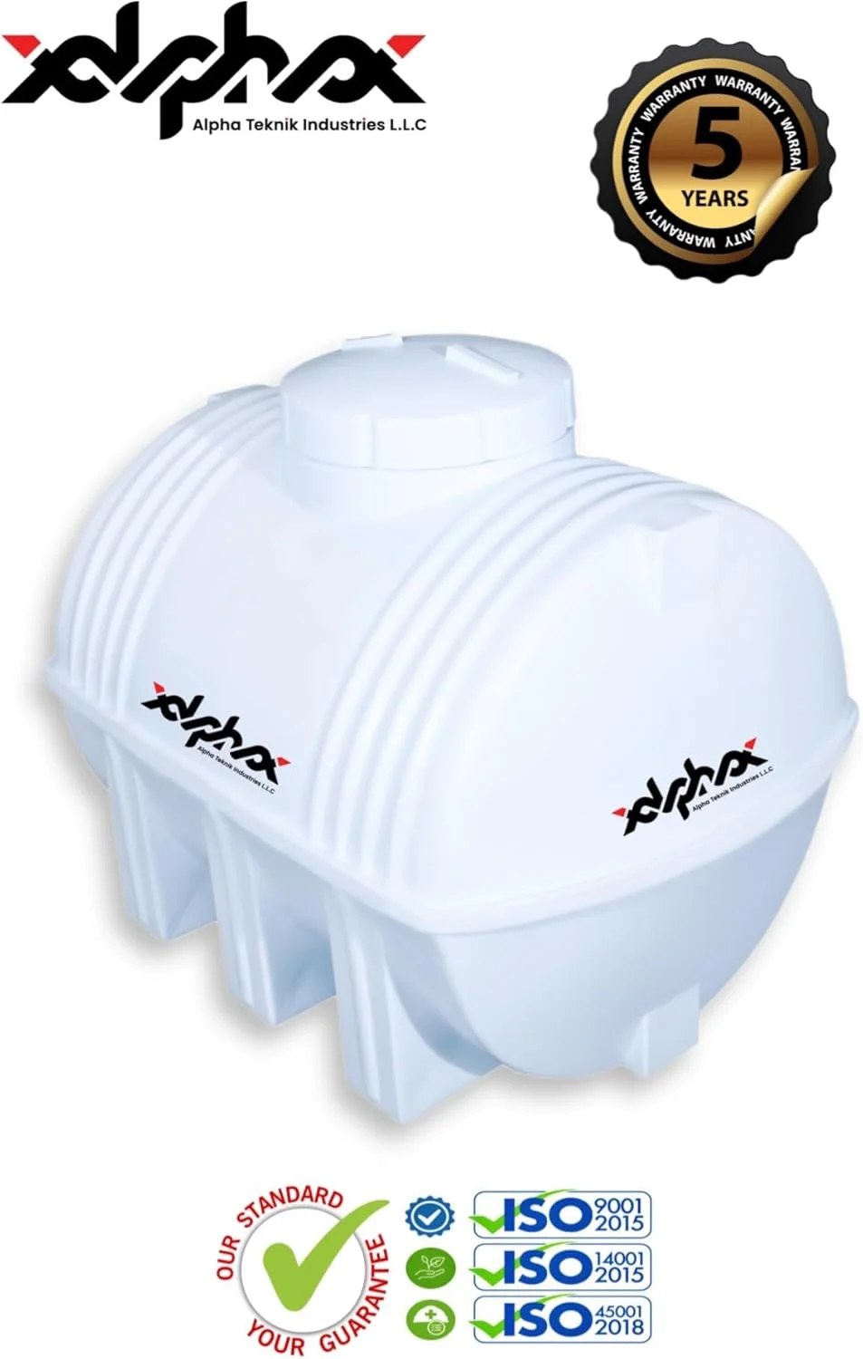 مخزن آب پلی اتیلن افقی 380 لیتری (100 گالن) | 3 لایه | ساخت امارات متحده عربی توسط آلفا تکنیک