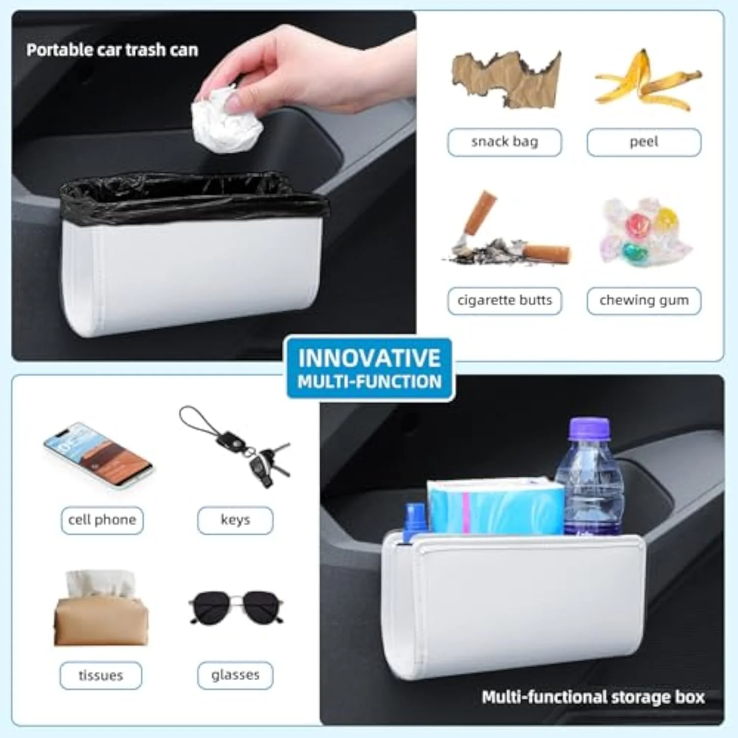 سطل زباله خودرو، سطل های زباله تاشو و ضد نشت، نگهدارنده نظم دهنده درب خودرو، سازمان دهنده و نگهداری خودکار برای لوازم جانبی صندلی جلو و عقب، سطل زباله خودرو با یک رول کیسه زباله، سفید