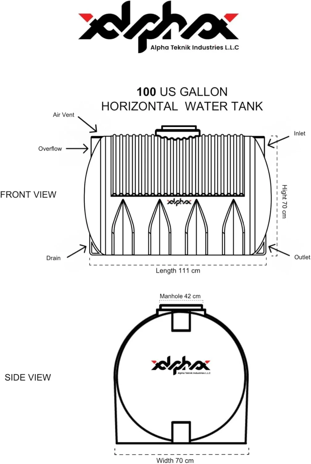 مخزن آب پلی اتیلن افقی 380 لیتری (100 گالن) | 3 لایه | ساخت امارات متحده عربی توسط آلفا تکنیک