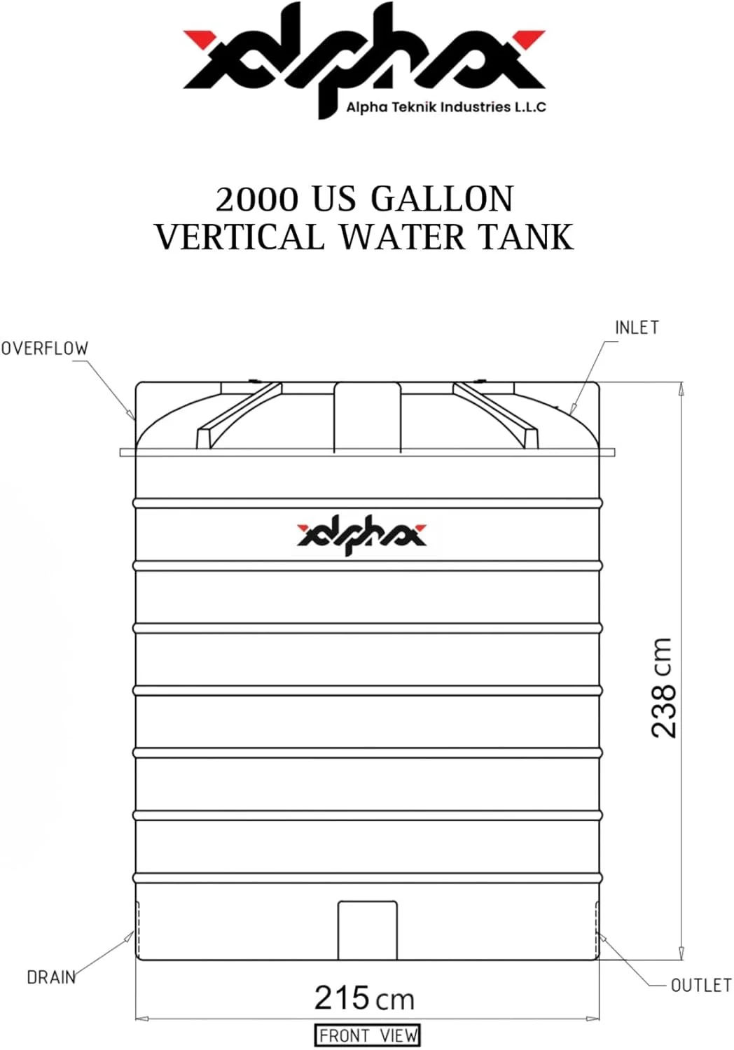 مخزن آب پلی اتیلن عمودی 7600 لیتری (2000 گالن) | 3 لایه | ساخت امارات متحده عربی توسط آلفا تکنیک
