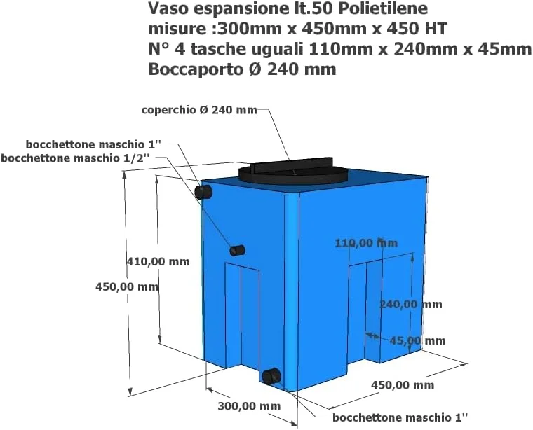 مخزن پلی اتیلن تایید شده برای آب آشامیدنی، مخزن انبساط، مدل 50. سبک وزن، قوی، کاربردی. ساخت ایتالیا