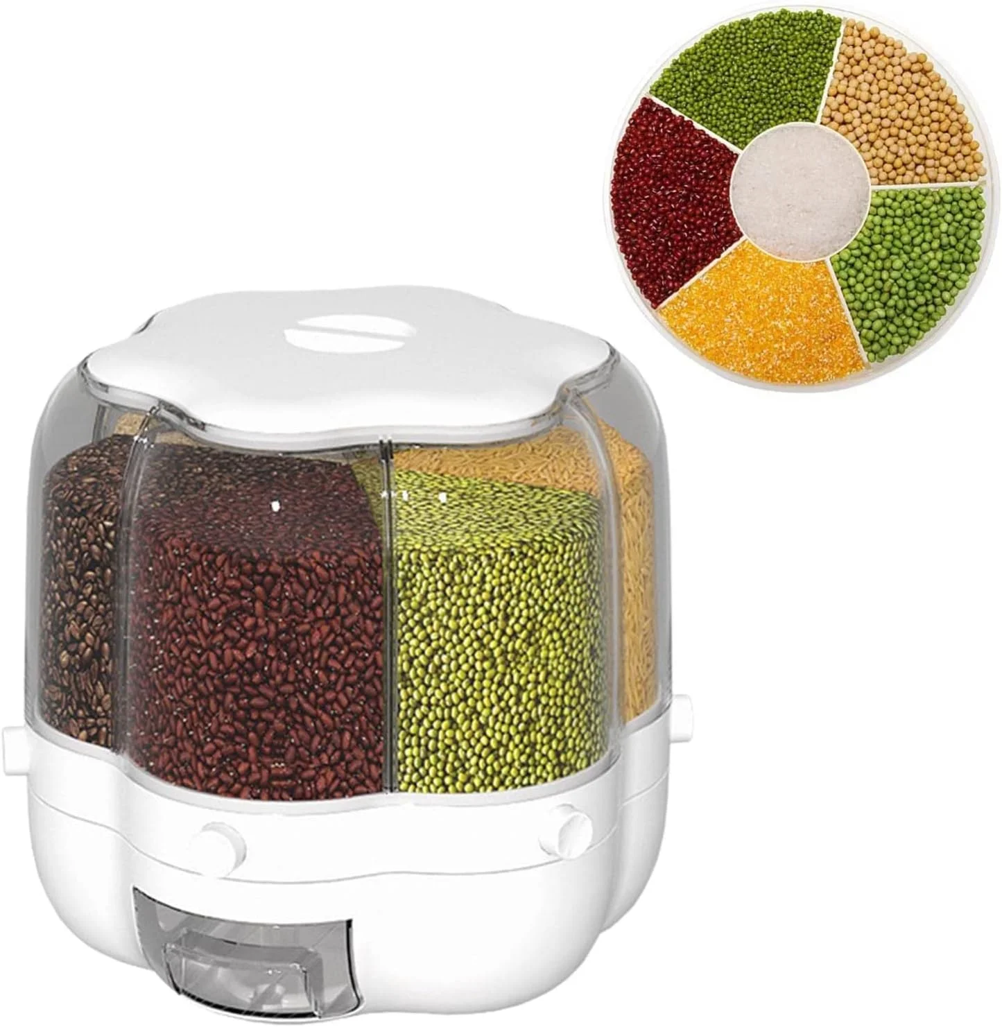 ظرف نگهدارنده چندگانه مواد غذایی 6 قسمتی - سطل چرخشی 360 درجه برای نگهداری غلات و مواد غذایی خشک - مخزن 6.5 کیلوگرمی برای نگهداری حبوبات - جعبه نگهدارنده میوه خشک و غذای حیوانات خانگی مناسب آشپزخانه منزل و رستوران (27 سانتی متر، سفید)