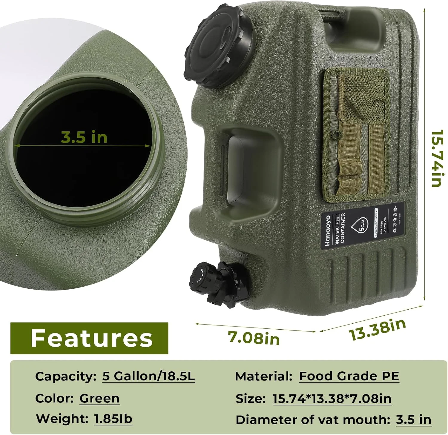 ظرف آب 5 گالنی هانایو با شیر، مخزن آب بدون BPA به همراه کیف ابزار، تانکر آب قابل حمل برای ذخیره آب اضطراری، مناسب برای پیاده‌روی، کمپینگ، پیک نیک و مصارف خانگی