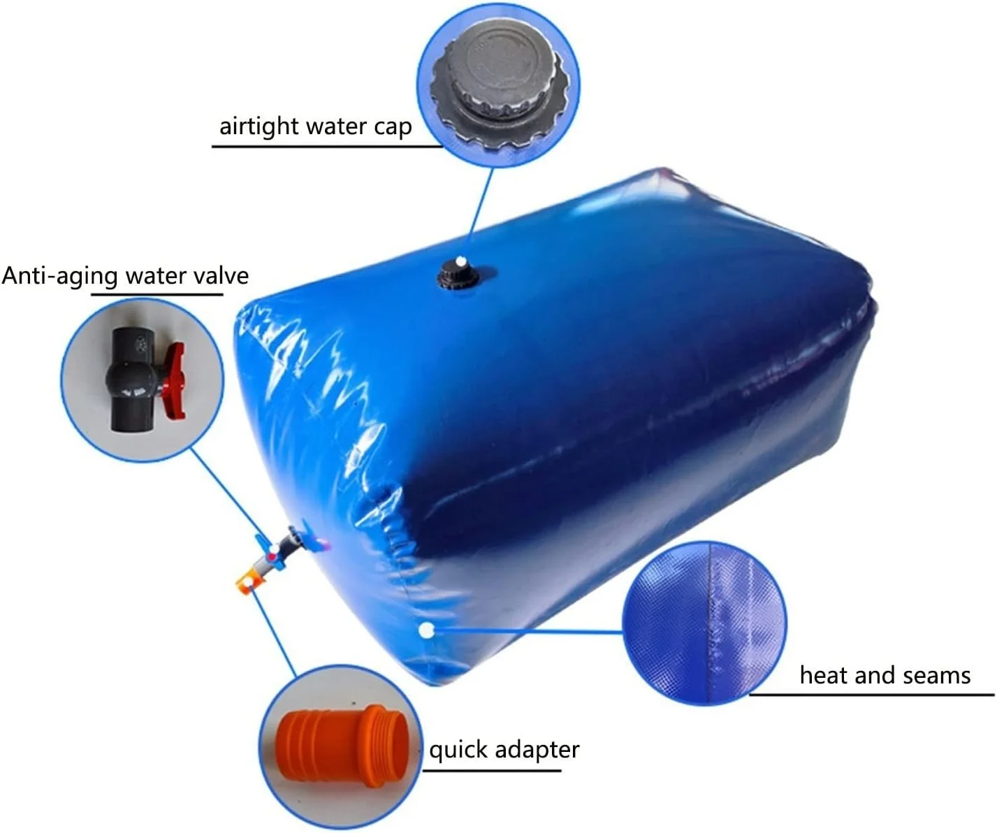 مخزن آب تاشو با ظرفیت بالا برای فضای باز، با شیر روشن/خاموش، کیسه آب نرم تاشو برای خشکسالی، مخزن ذخیره آب اضطراری قابل حمل WMEIE (رنگ: آبی، اندازه: 2X1.5X0.7m(2000L))