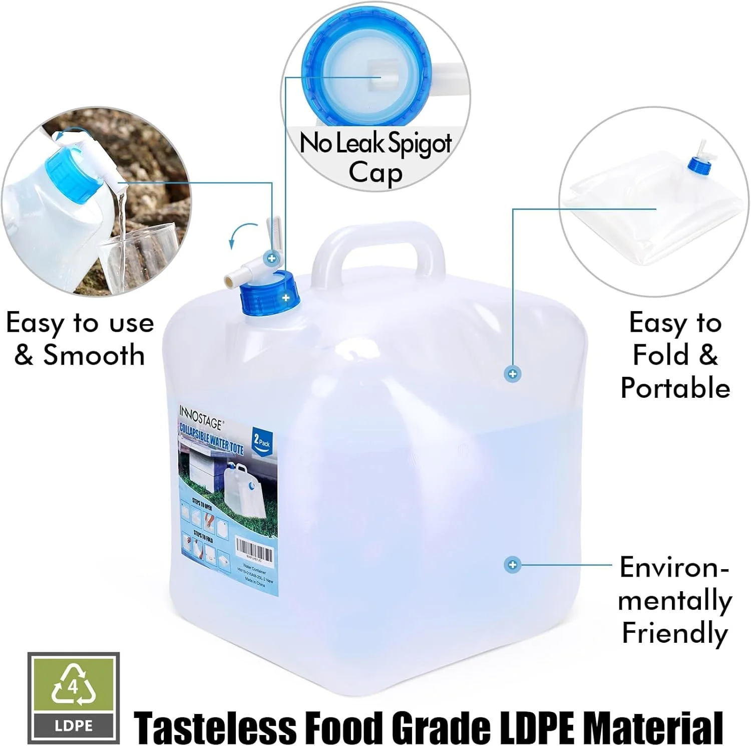 ظرف آب تاشو اینو استیج، بسته 2 عددی، 20 لیتری، قمقمه آب تاشو قابل حمل برای کمپینگ، پیاده روی و فعالیت های خارج از منزل
